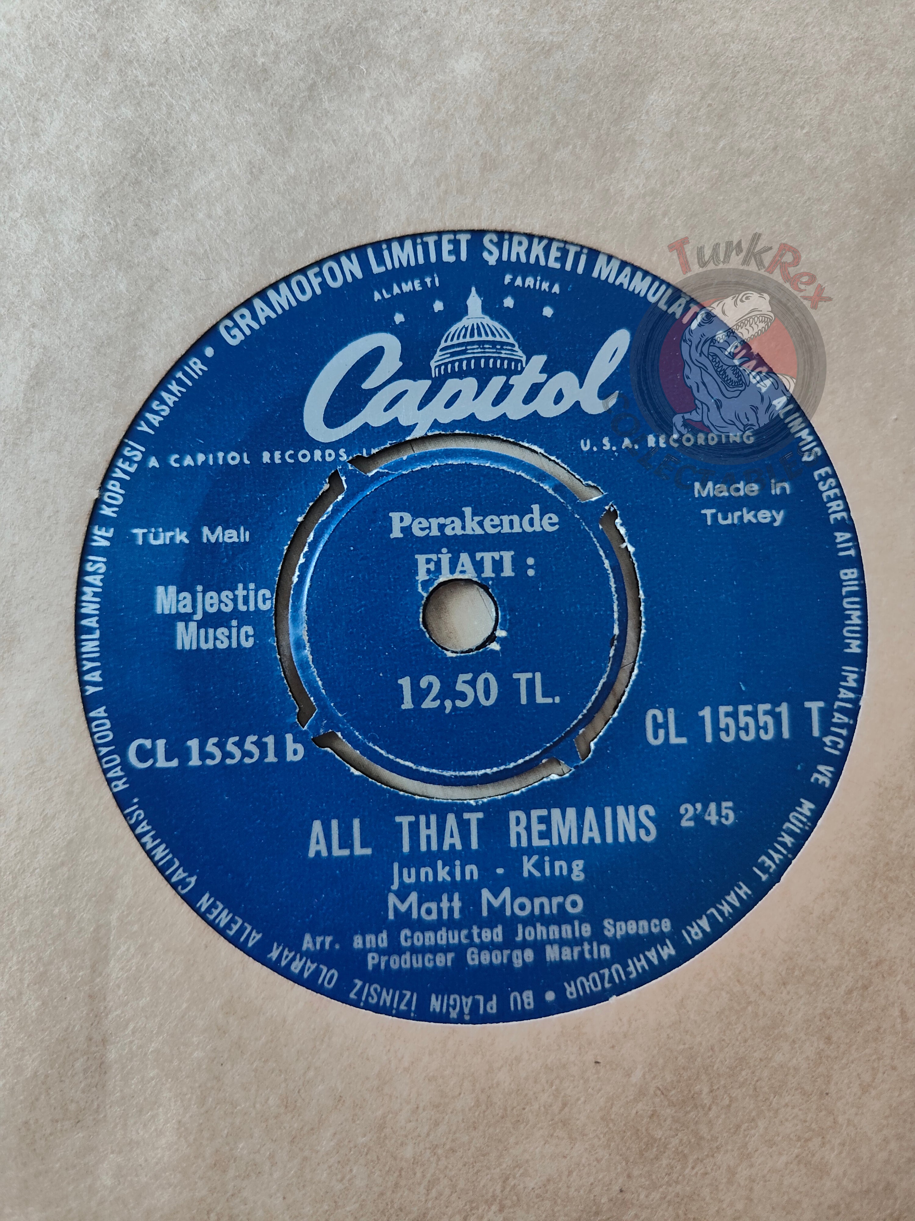 Matt Monro – The Music Played 7" Turkish Pressing Vinyl Turkey Edition