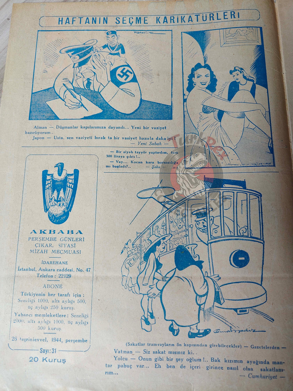 Akbaba 1944 Humor Magazine Turkish Turkey Franklin D. Roosevelt Japan WW2 era Germany
