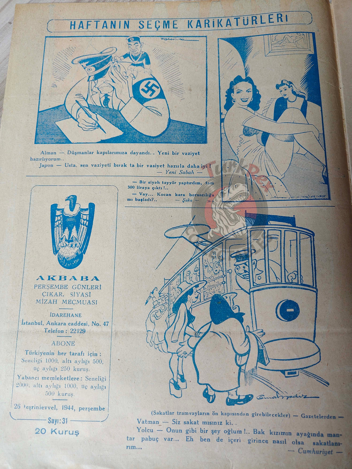 Akbaba 1944 Humor Magazine Turkish Turkey Franklin D. Roosevelt Japan WW2 era Germany
