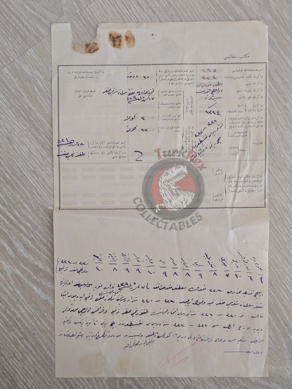 Ottoman 1913 Student Identity and School Registration Certificate Konya Sultanî School