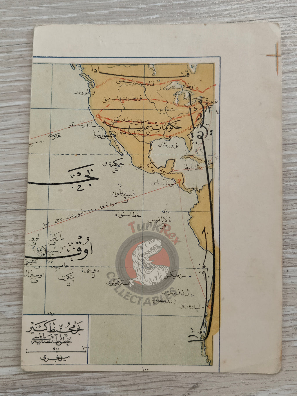 Pacific Ocean with transportation lines America 1907 Ottoman Script Map by Mehmed Eşref