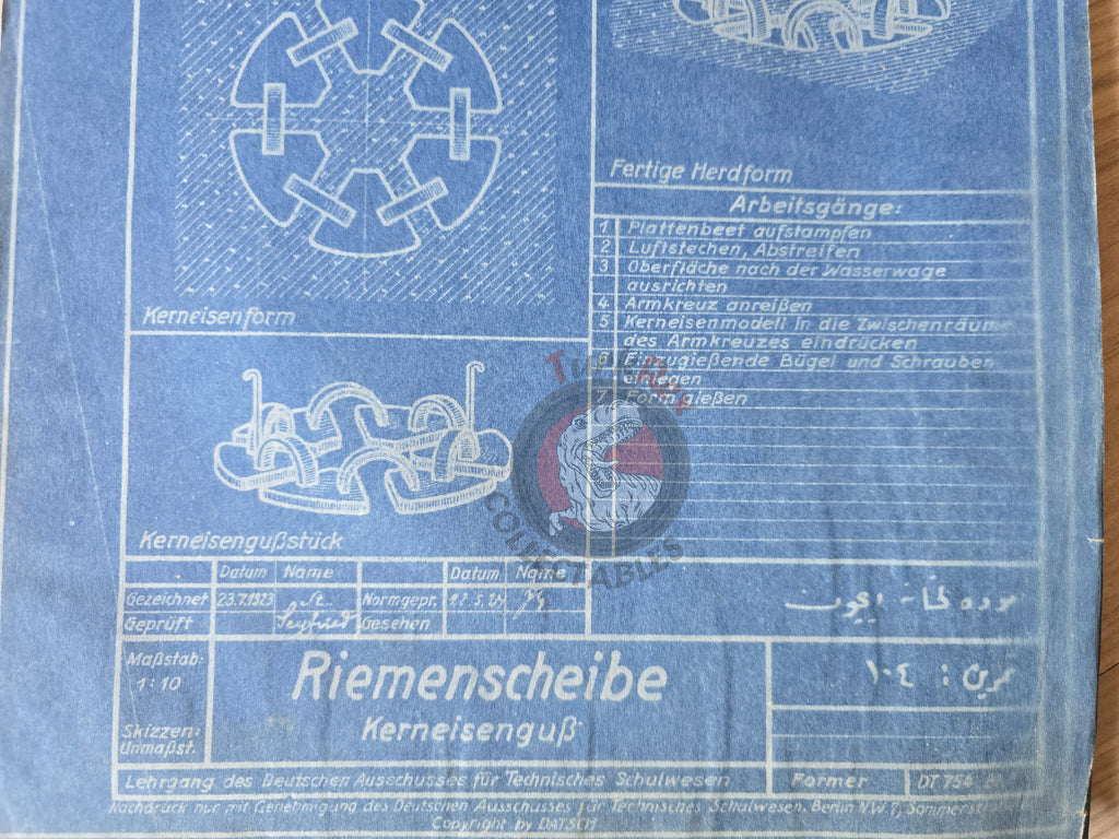 Ottoman German Technical Drawing Blueprint Pulley DATSCH 1920s