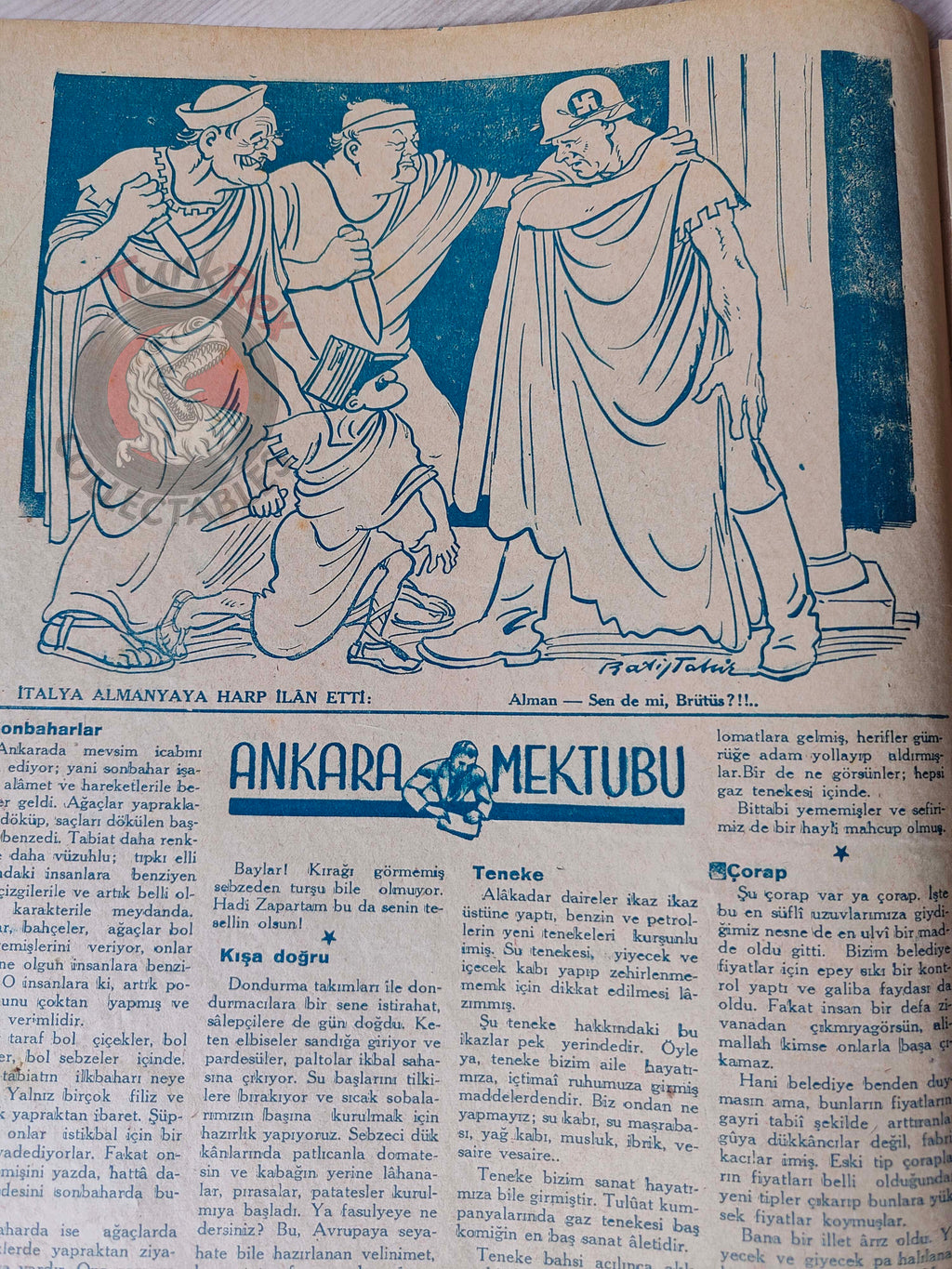 Karikatür 1943 Humor Magazine Turkish Turkey Japan Pacific United States WW2 era Italy Germany Uncle Sam
