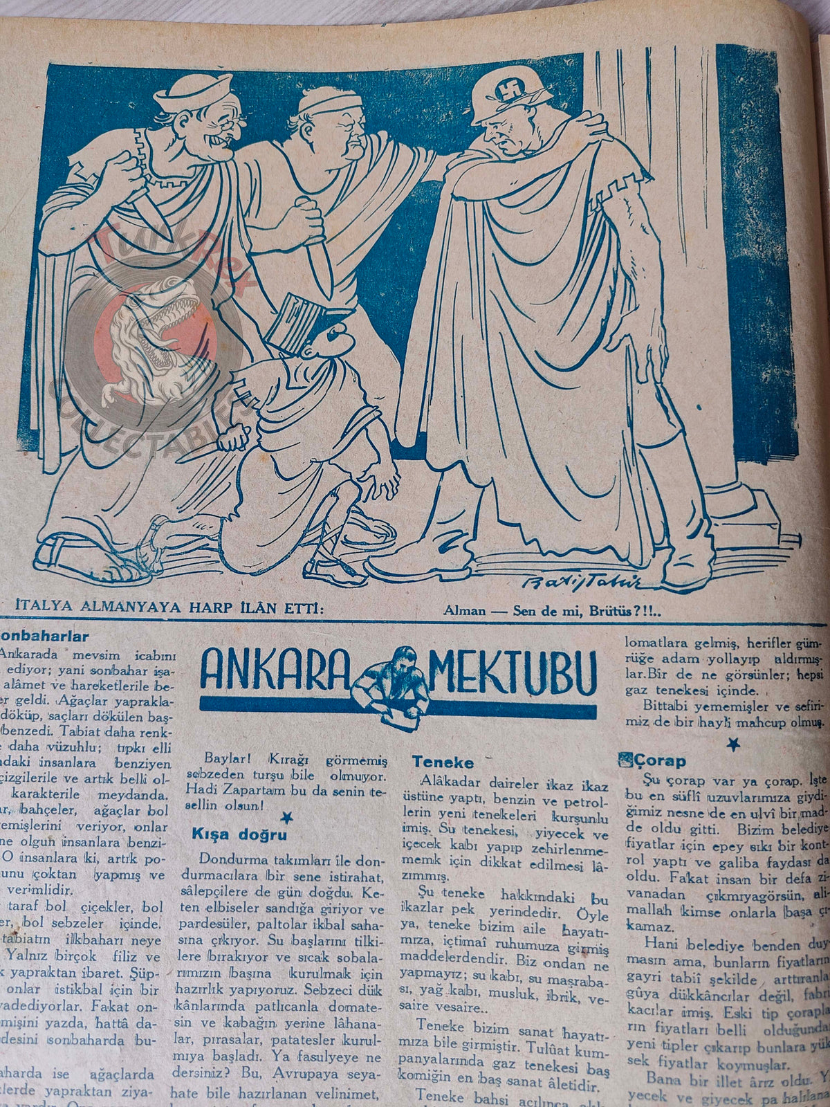 Karikatür 1943 Humor Magazine Turkish Turkey Japan Pacific United States WW2 era Italy Germany Uncle Sam