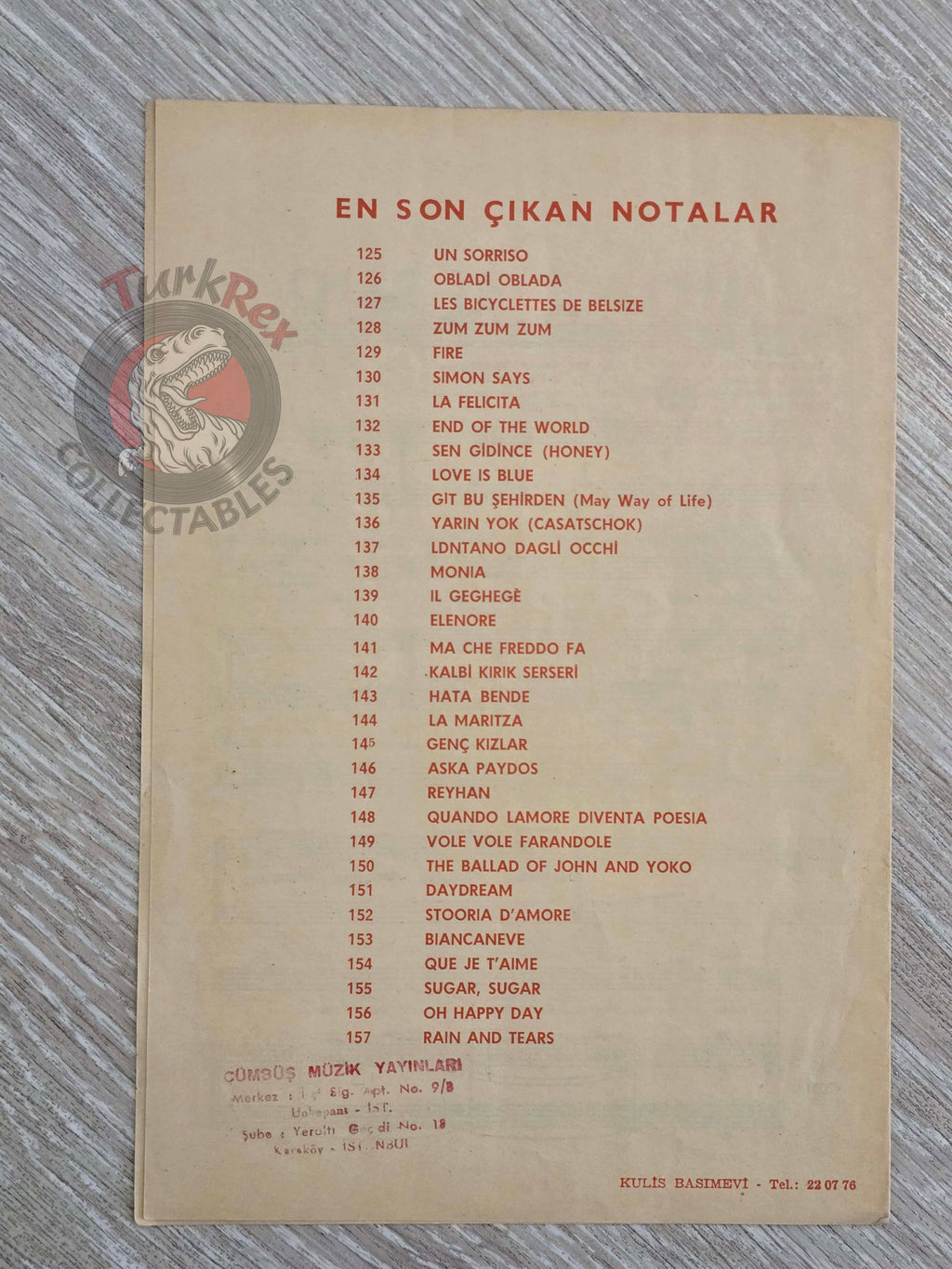 Johnny Hallyday – Que Je T’aime Turkish Vintage Musical Notes Sheet Turkey