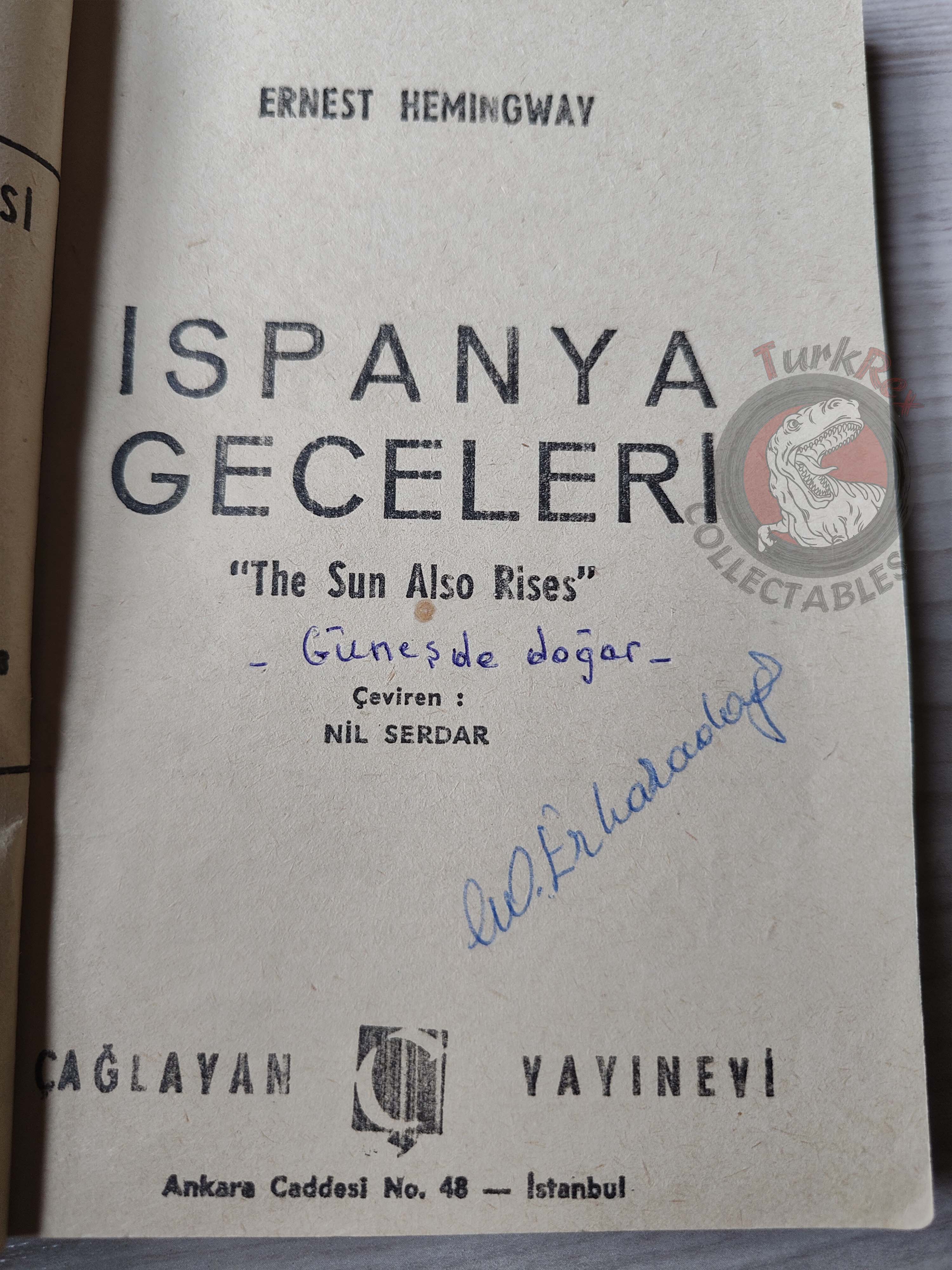 Ernest Hemingway – The Sun Also Rises 1955 1st Turkish Book Turkey
