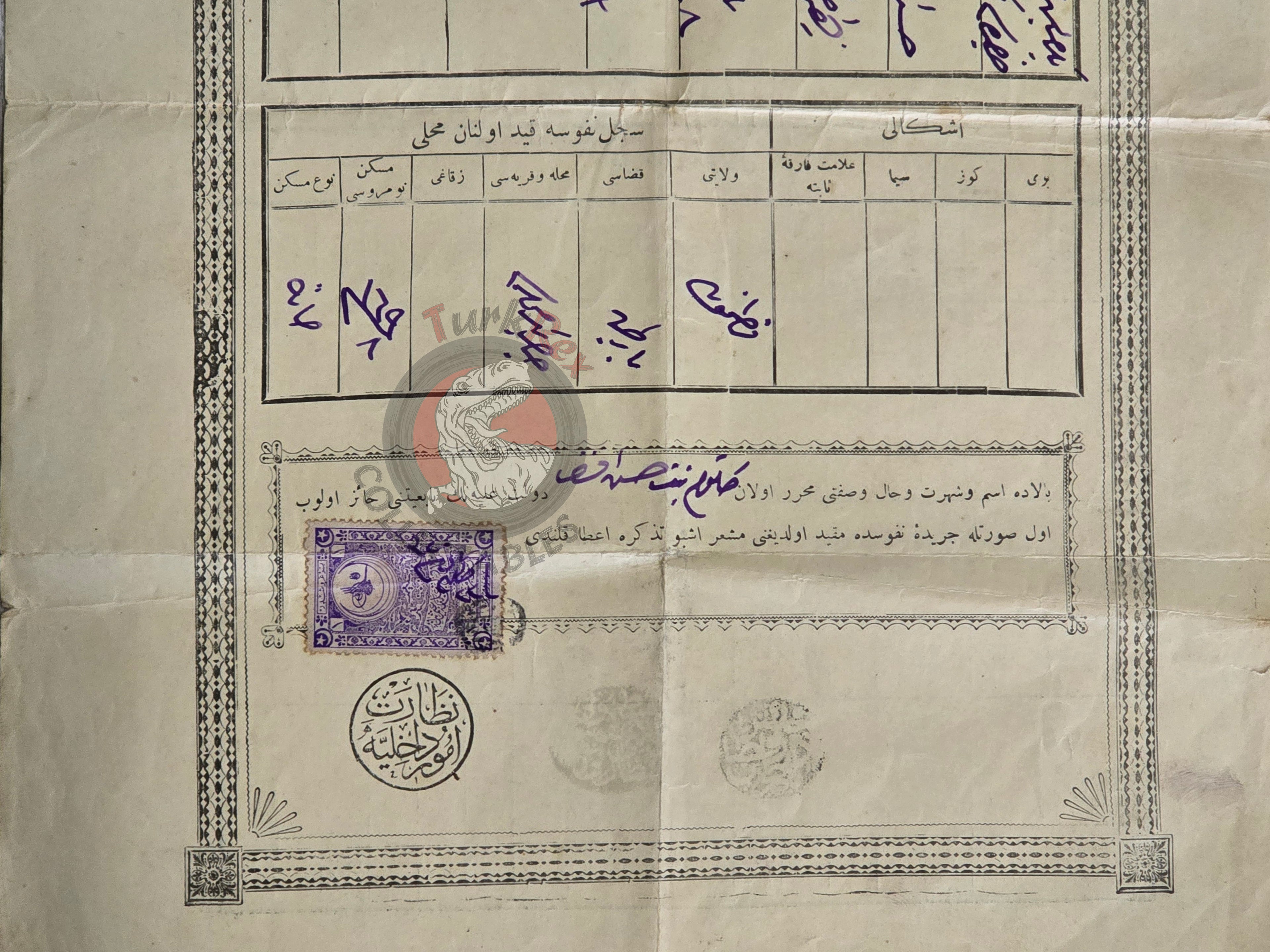 Ottoman Identity Document 1905 Kastamonu Bartın Muslim Female Citizen Gülsüm
