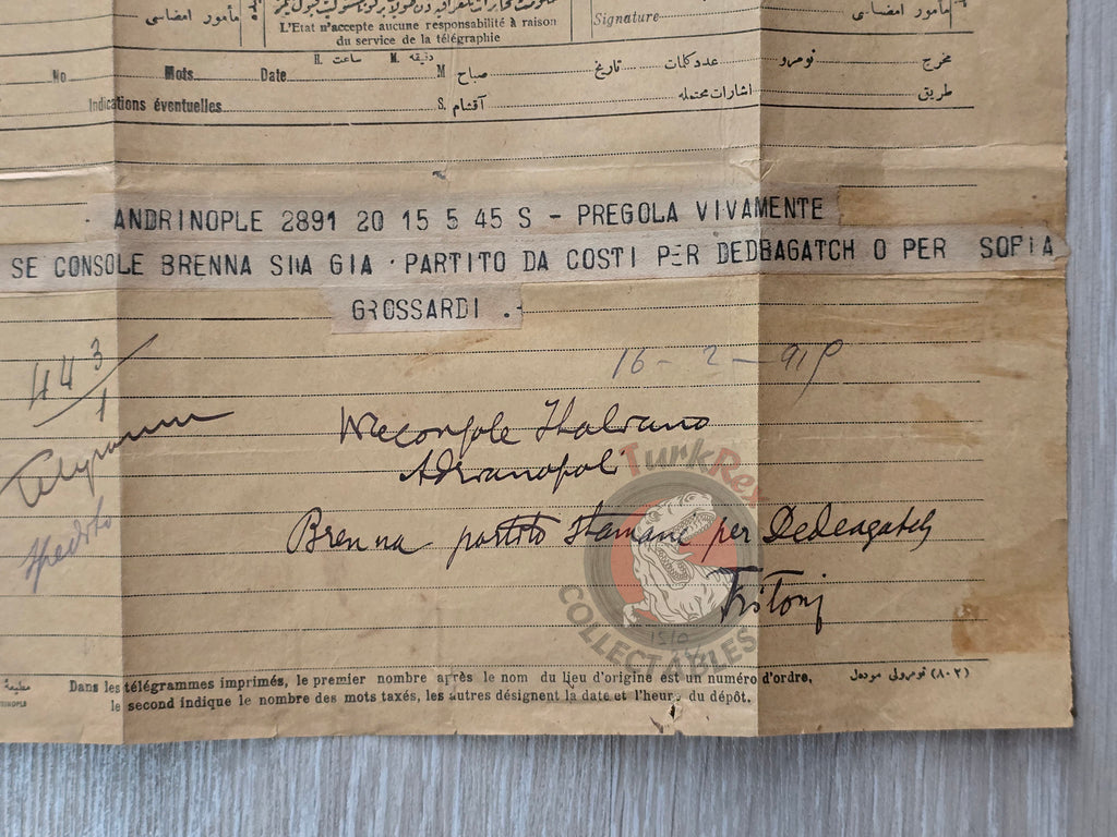 Ottoman Era Italian Diplomatic Telegram Consul Brenna Italian Consulate Italy Istanbul