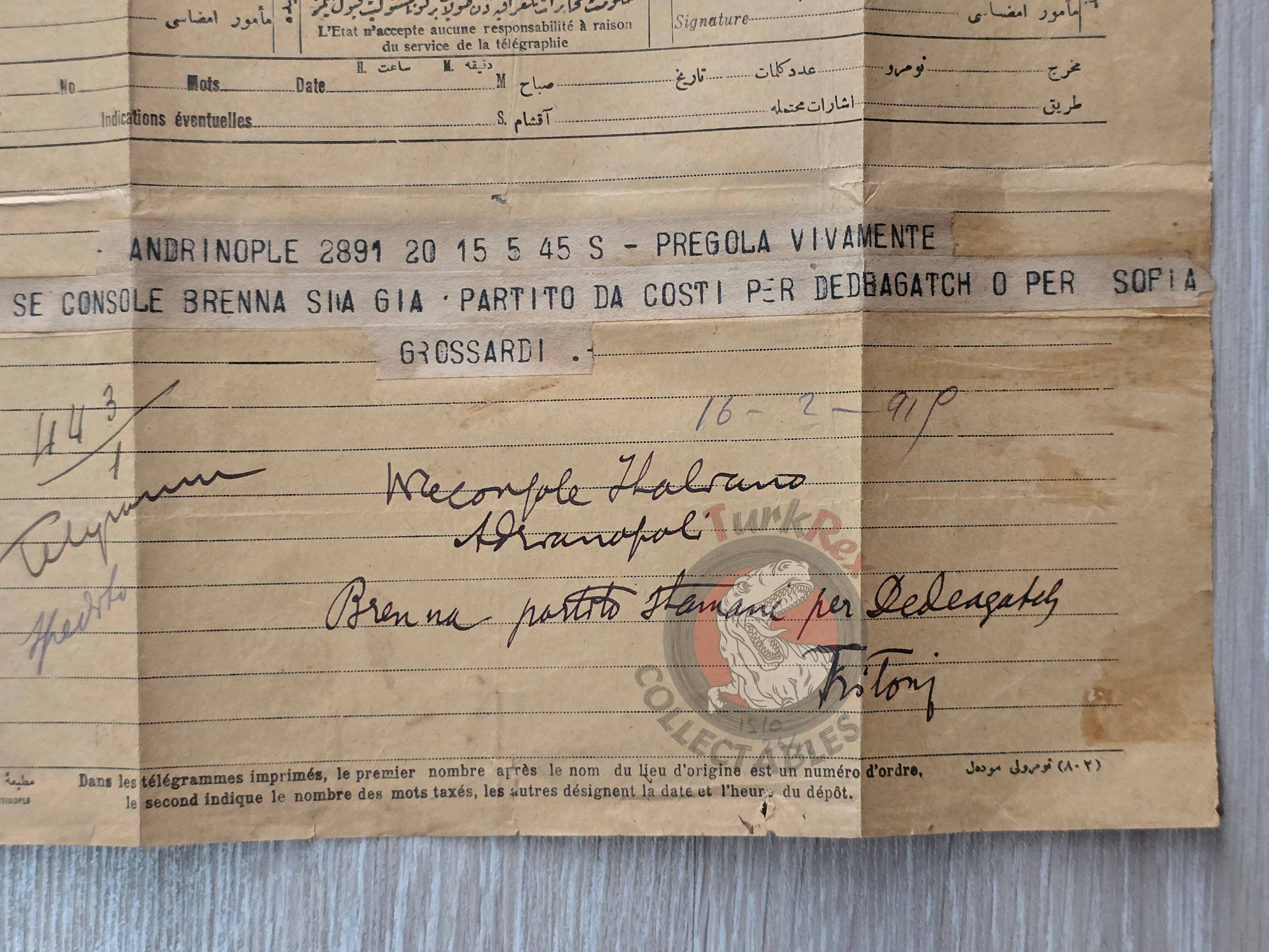 Ottoman Era Italian Diplomatic Telegram Consul Brenna Italian Consulate Italy Istanbul