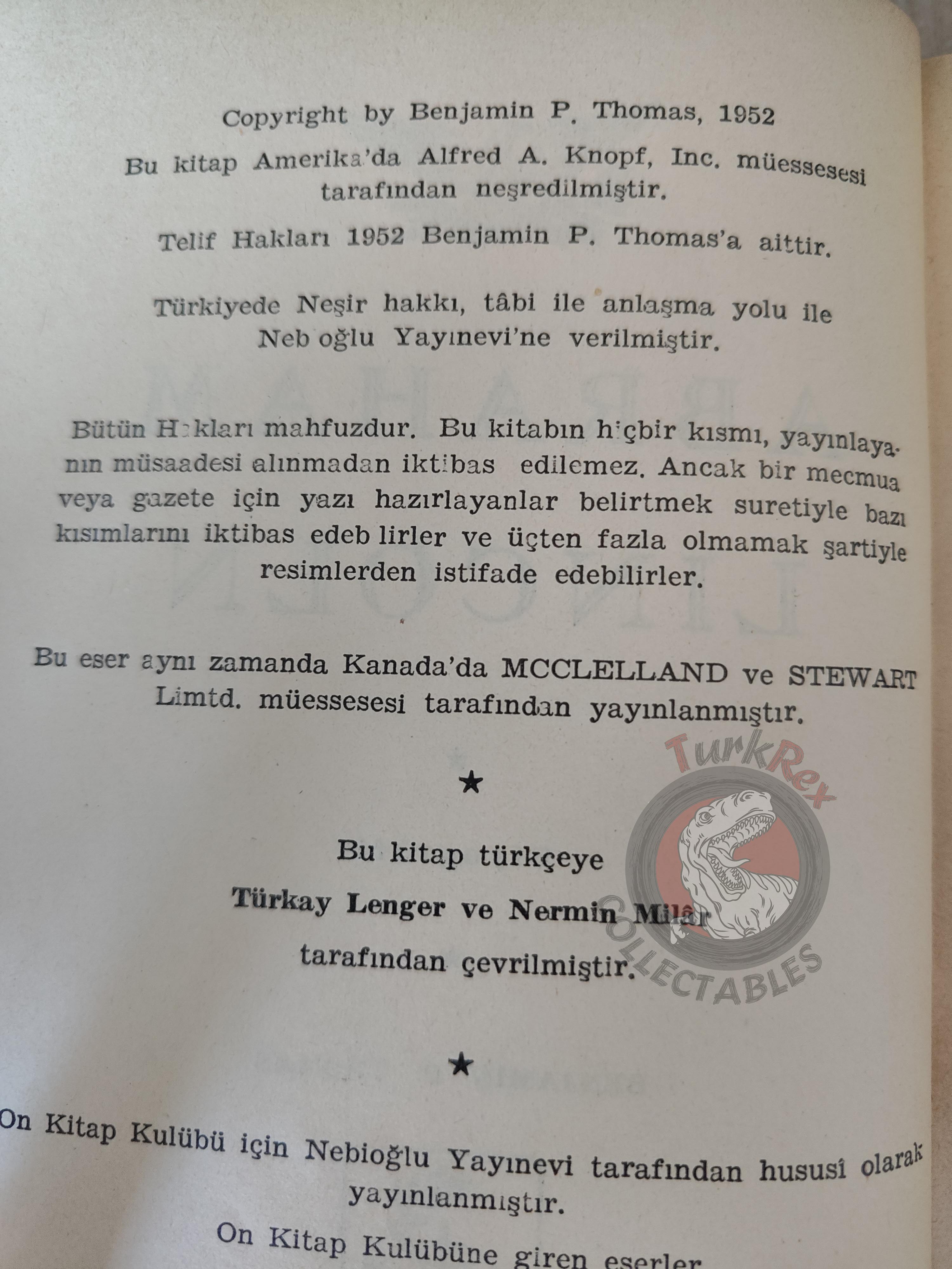 Benjamin P. Thomas – Abraham Lincoln 1952 1st Turkish Book Turkey