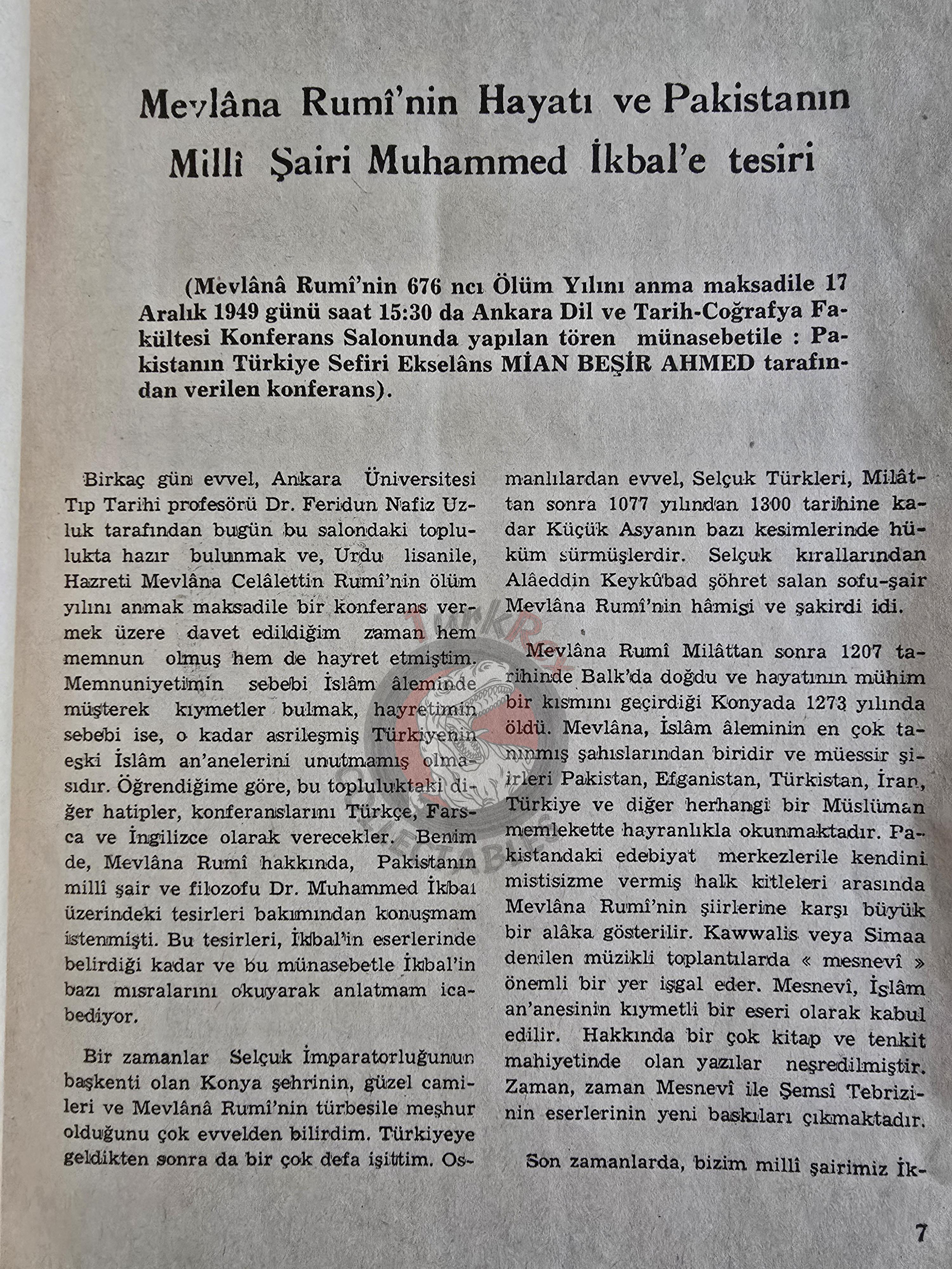 Rumi Mevlana and Muhammad Iqbal 1952 1st Turkish Book Turkey Pakistan Embassy Islam