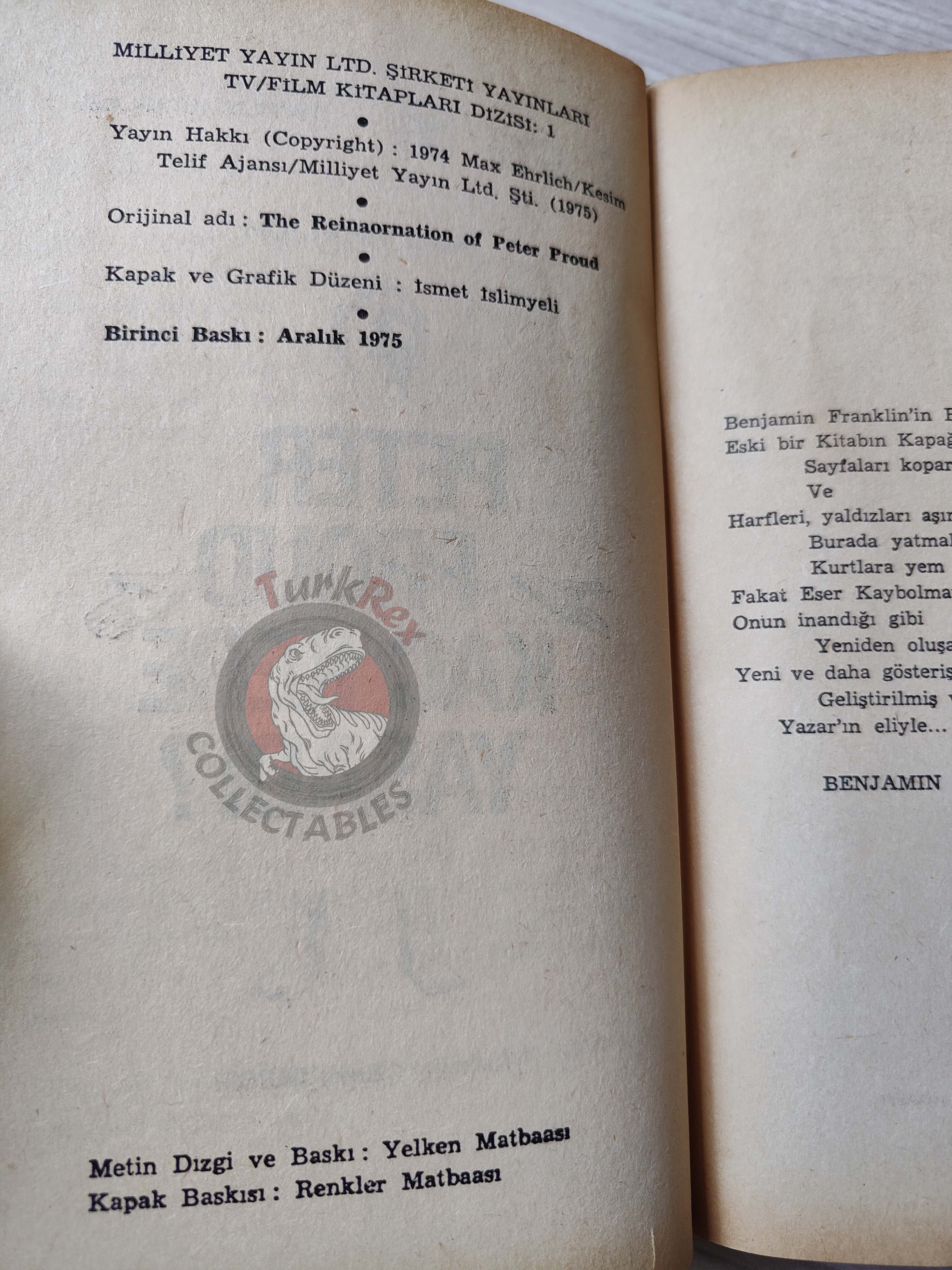 Max Ehrlich – The Reincarnation of Peter Proud 1975 1st Turkish Book Turkey