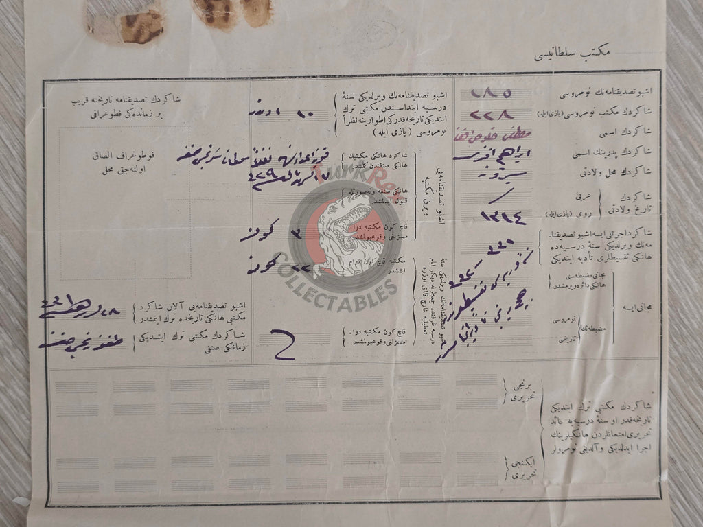 Ottoman 1913 Student Identity and School Registration Certificate Konya Sultanî School