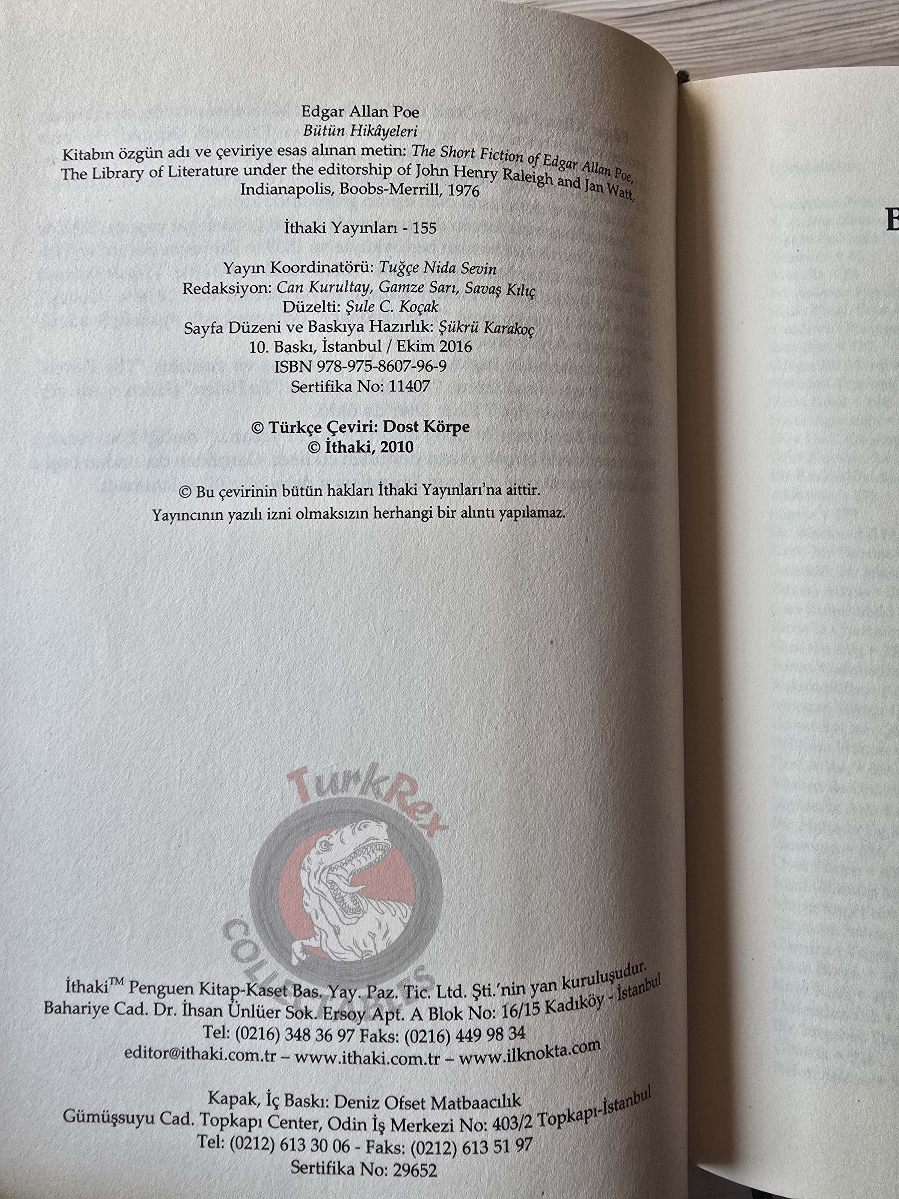 Edgar Allan Poe – The Short Fiction of Edgar Allan Poe 2016 HC/DJ Turkish Book Turkey