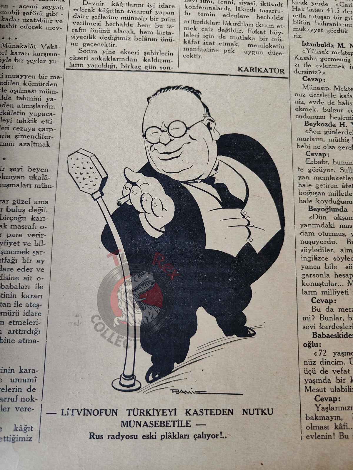 Karikatür 1941 Humor Magazine Turkish Turkey Germany Russia WW2 era Litvinov Syria France