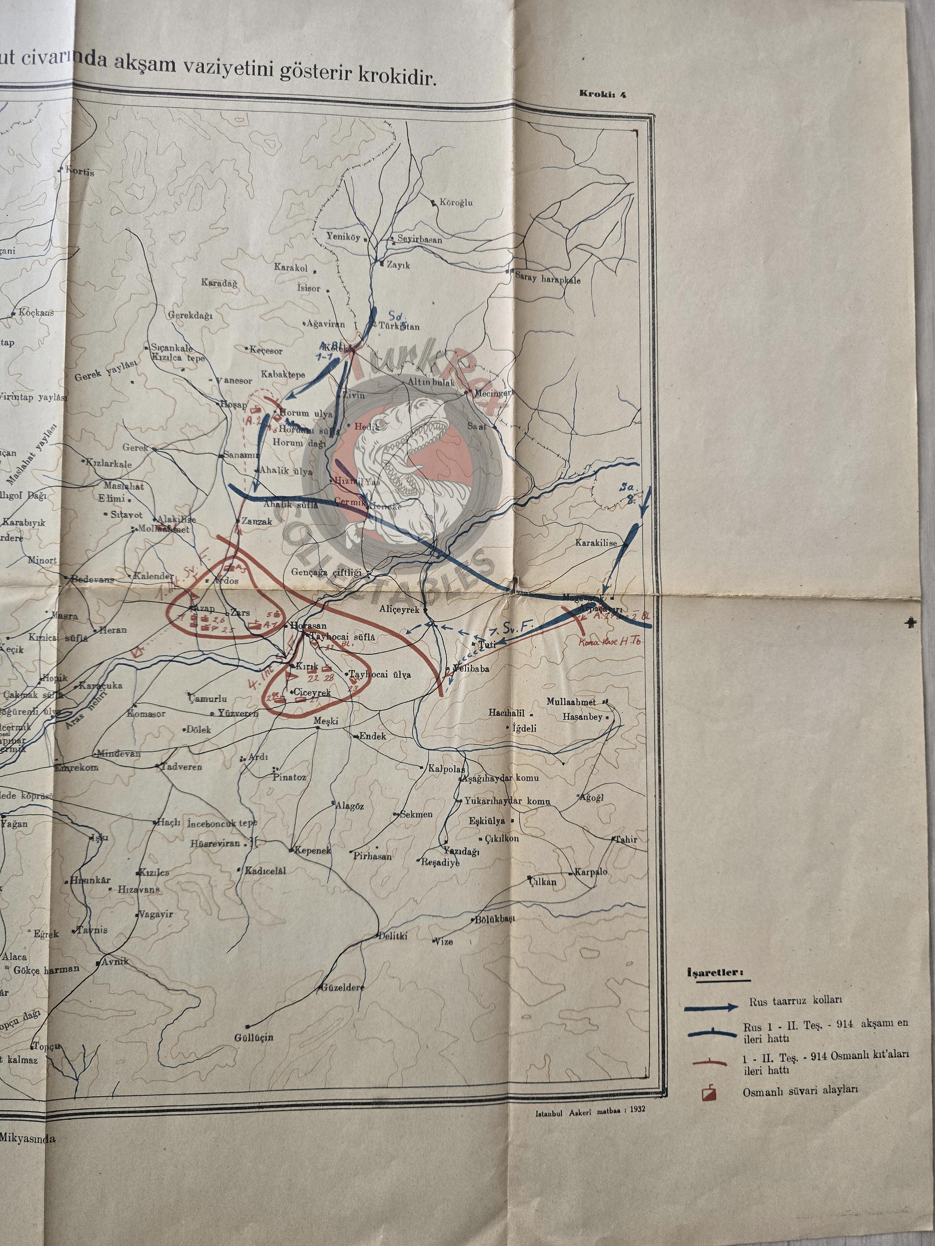 Caucasus Front in WWI November 1914 Ottoman Empire Military Map Russia Turkish 1932 Watermark