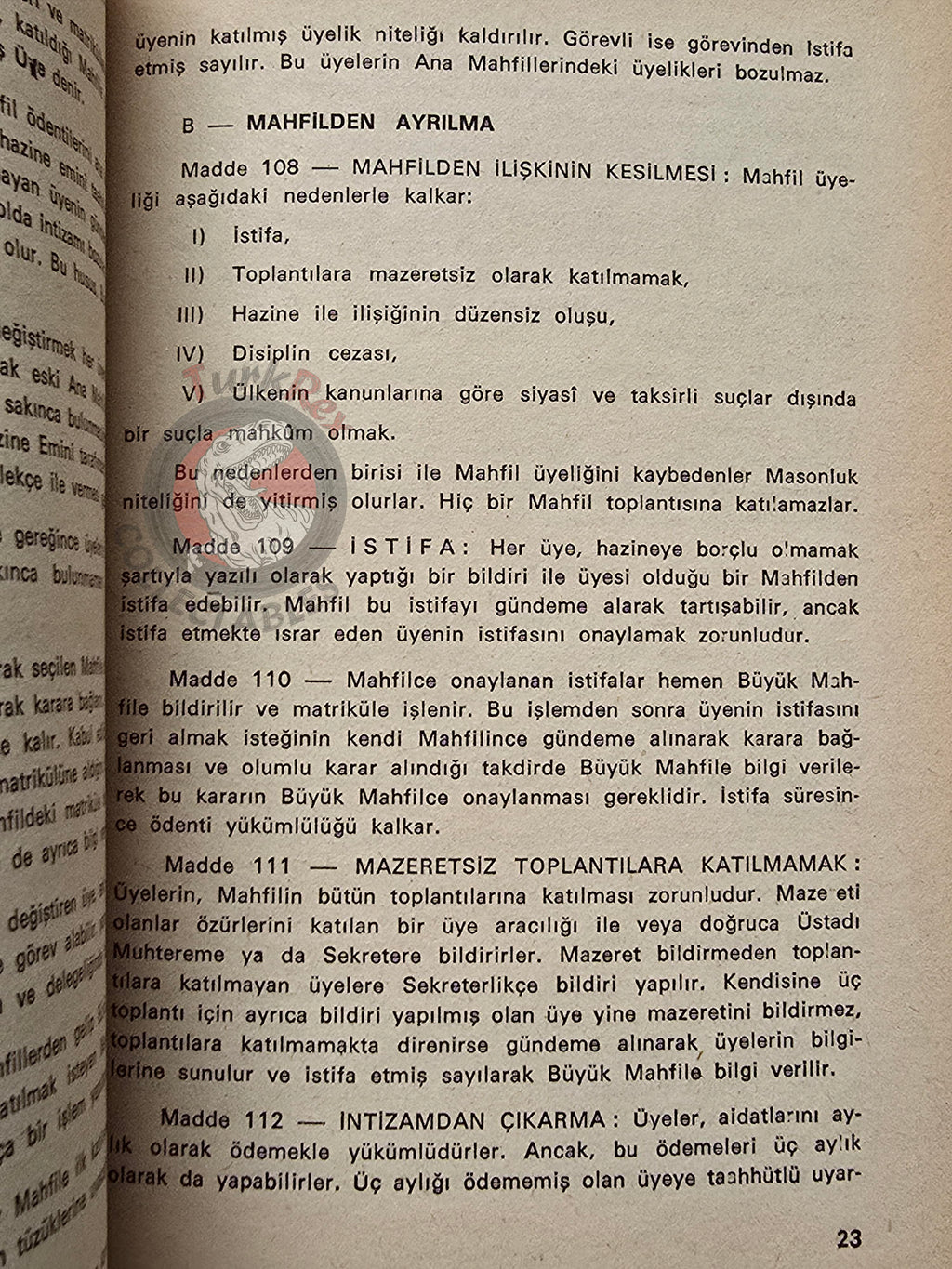 Turkish Freemasonry General Regulations of the Lodges 1974 Booklet Masonic Masons of Turkey