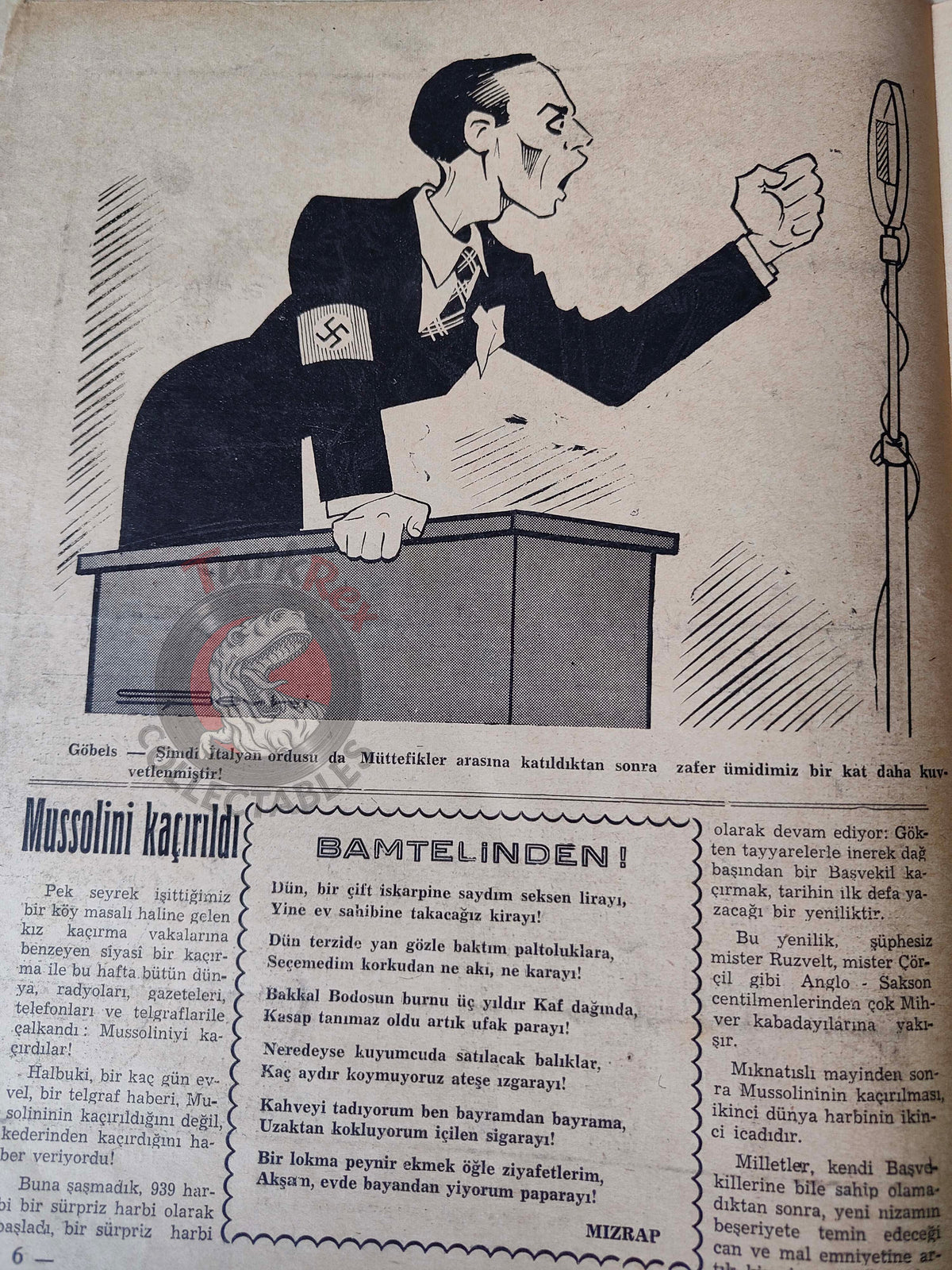 Akbaba 1943 Humor Magazine Turkish Turkey USA Uncle Sam WW2 era Germany Mussolini Goebbels