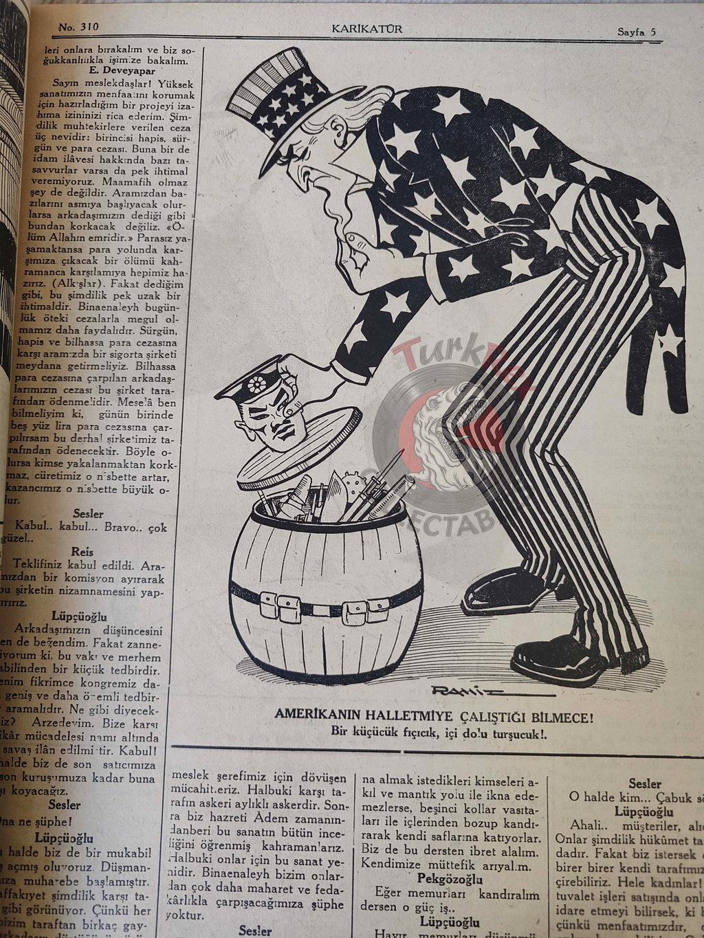 Karikatür 1941 Humor Magazine Turkish Turkey Moscow on Ice German Soldier WW2 era Russia Mussolini USA