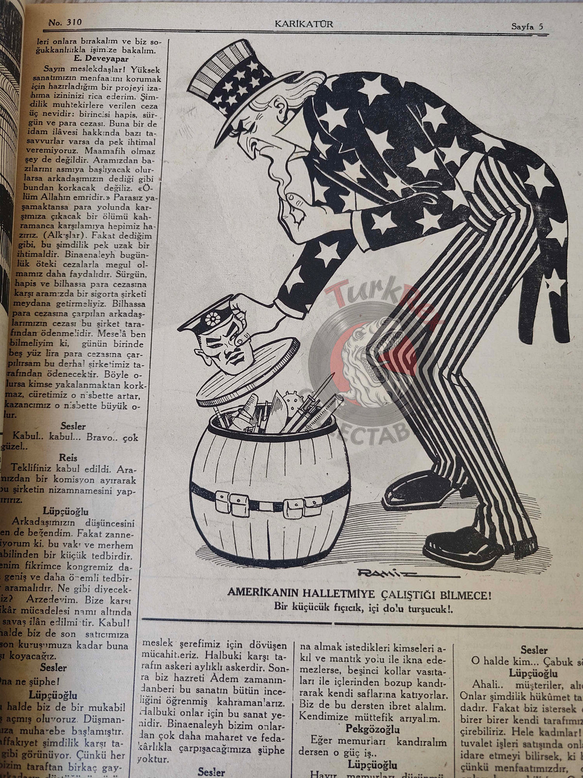 Karikatür 1941 Humor Magazine Turkish Turkey Moscow on Ice German Soldier WW2 era Russia Mussolini USA