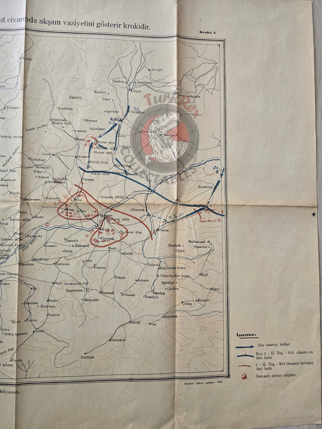 Caucasus Front in WWI November 1914 Ottoman Empire Military Map Russia Turkish 1932 Watermark
