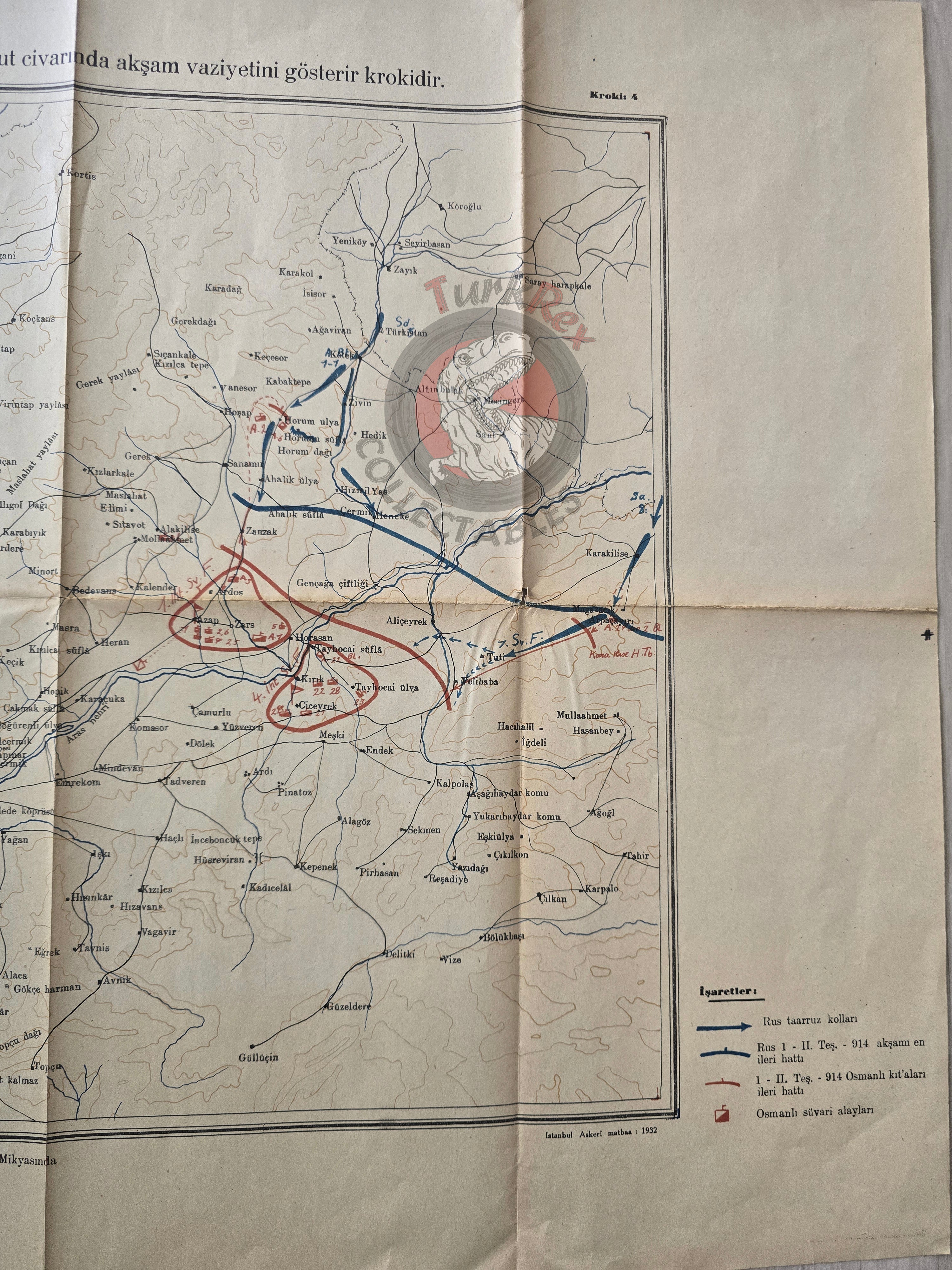 Caucasus Front in WWI November 1914 Ottoman Empire Military Map Russia Turkish 1932 Watermark