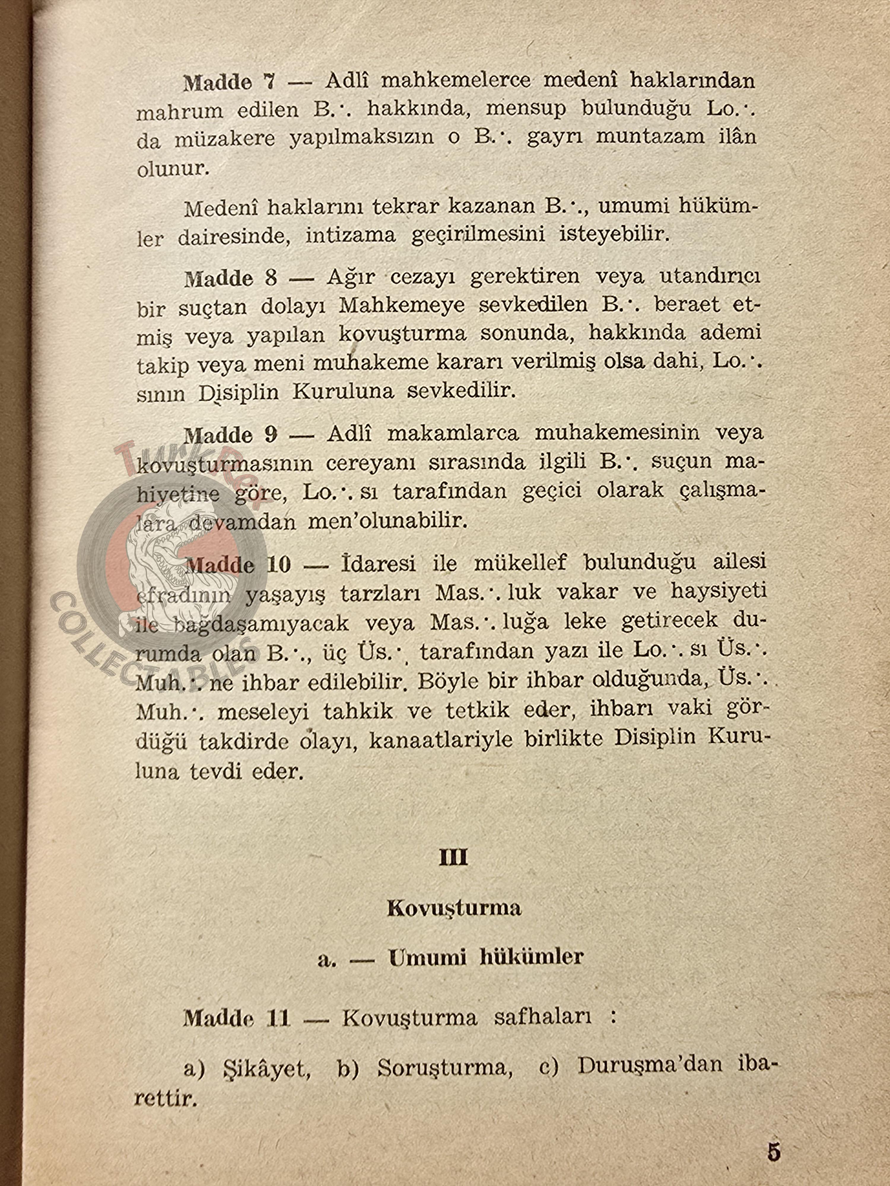 Turkish Freemasonry Disciplinary Code 1962 Booklet Masonic Masons of Turkey Signed