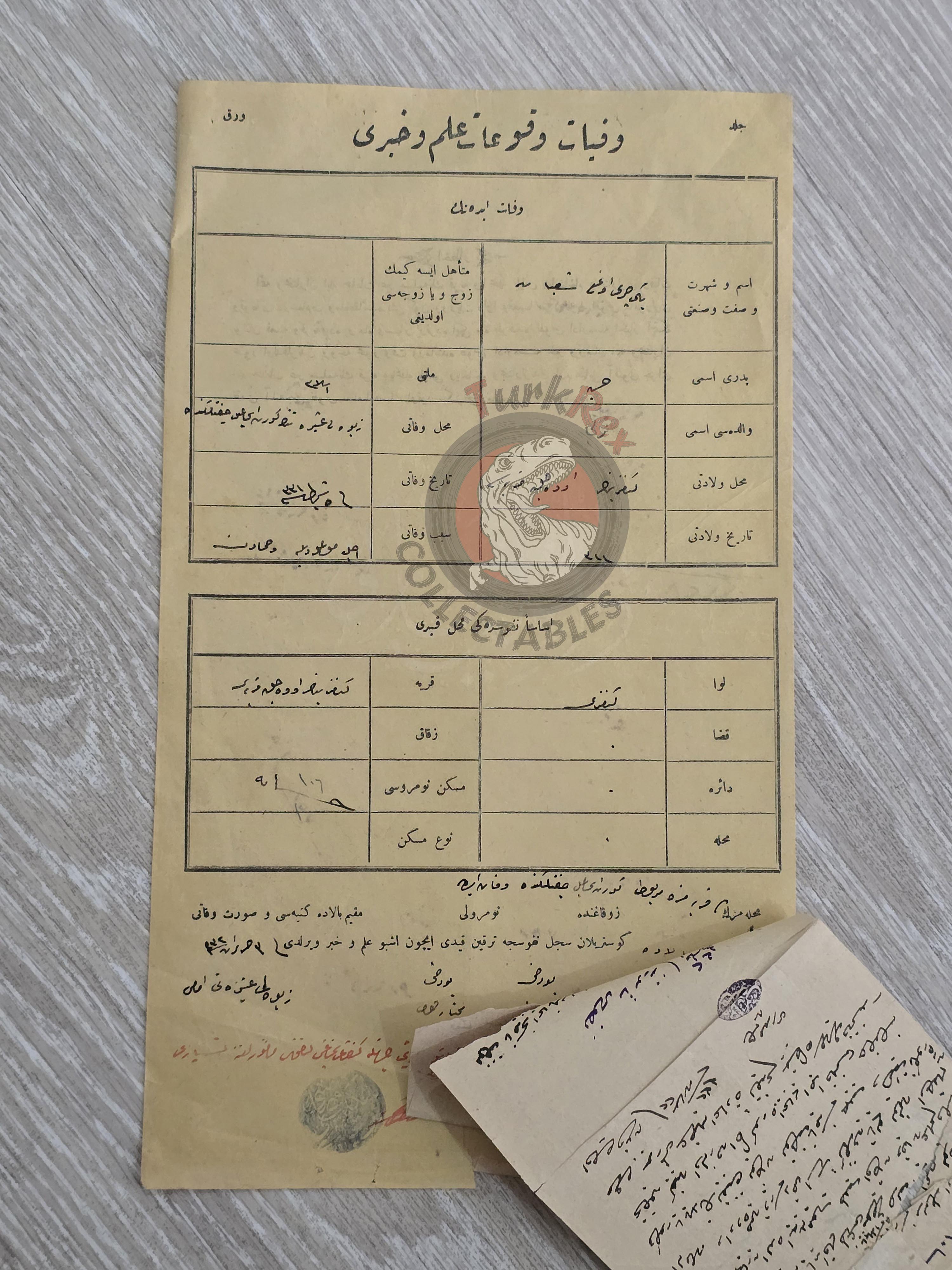 Ottoman 1916 Death and Incident Certificate Military Deserter WW1 Janissary Çankırı Army Kurdish