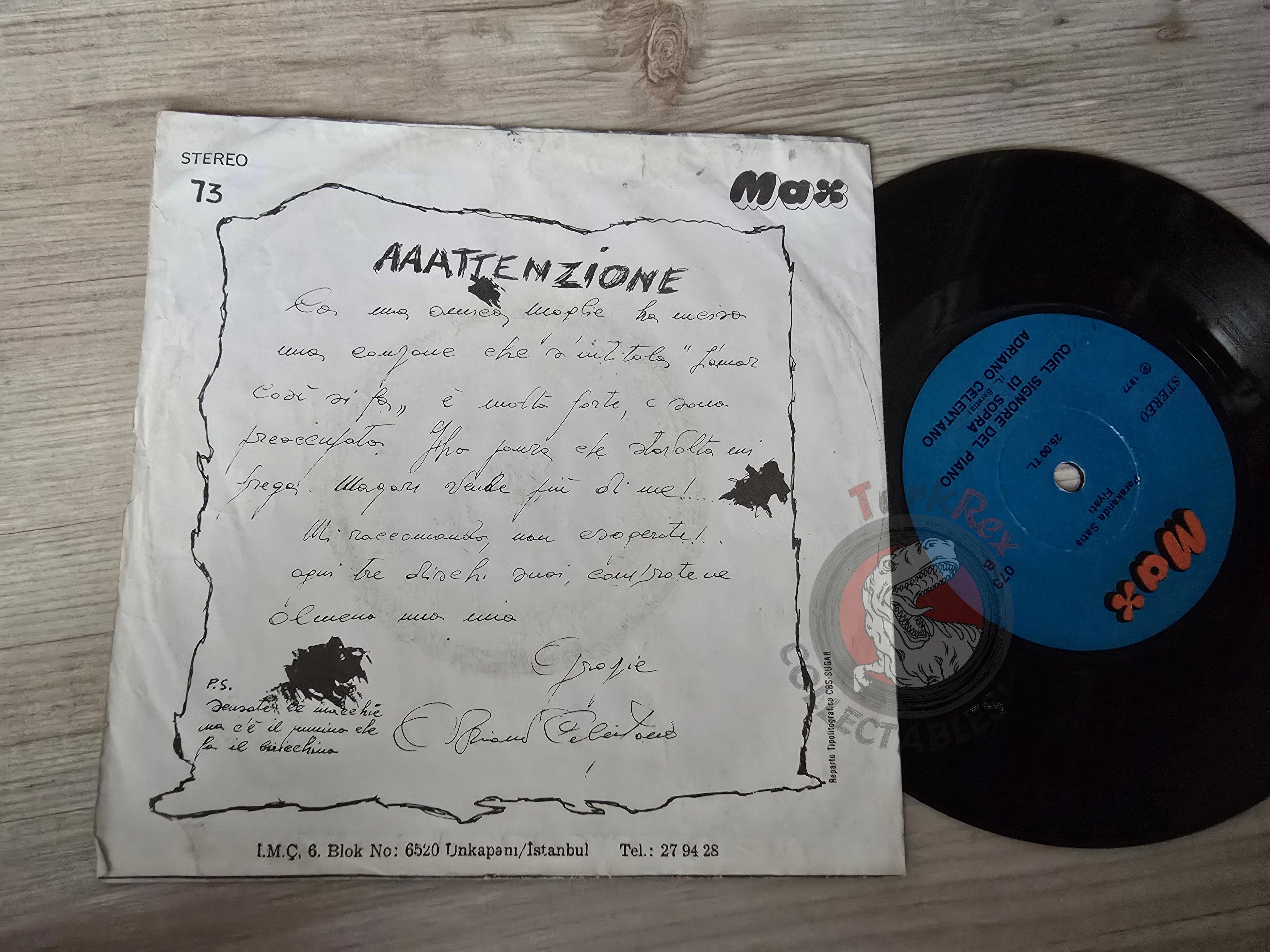 Adriano Celentano –  L'Unica Chance 7" Turkish Pressing Vinyl Turkey Edition