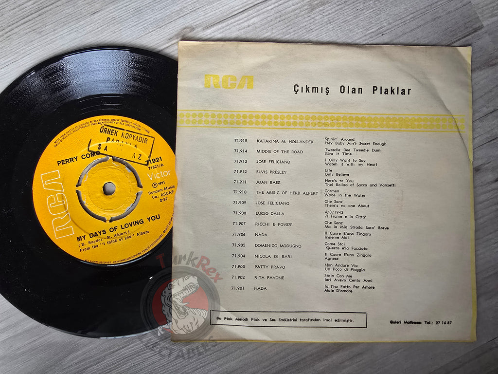 Perry Como – Yesterday I Heard The Rain 7" Promo Turkish Pressing Vinyl Turkey Edition