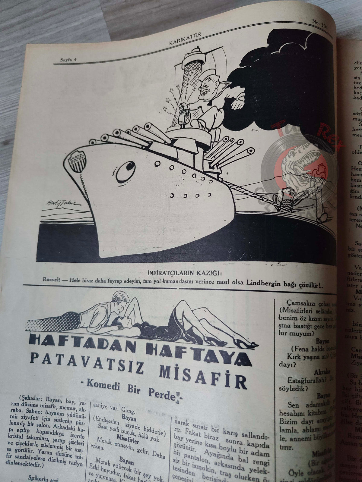Karikatür 1941 Humor Magazine Turkish Turkey Azrael War WW2 era Roosevelt USA Charles Lindbergh