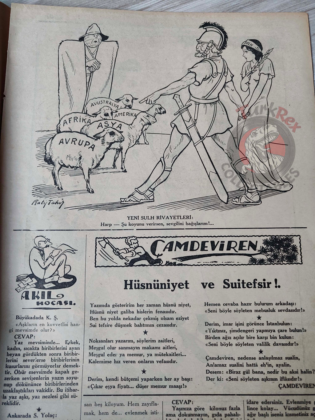 Karikatür 1941 Humor Magazine Turkish Turkey Azrael War WW2 era Roosevelt USA Charles Lindbergh