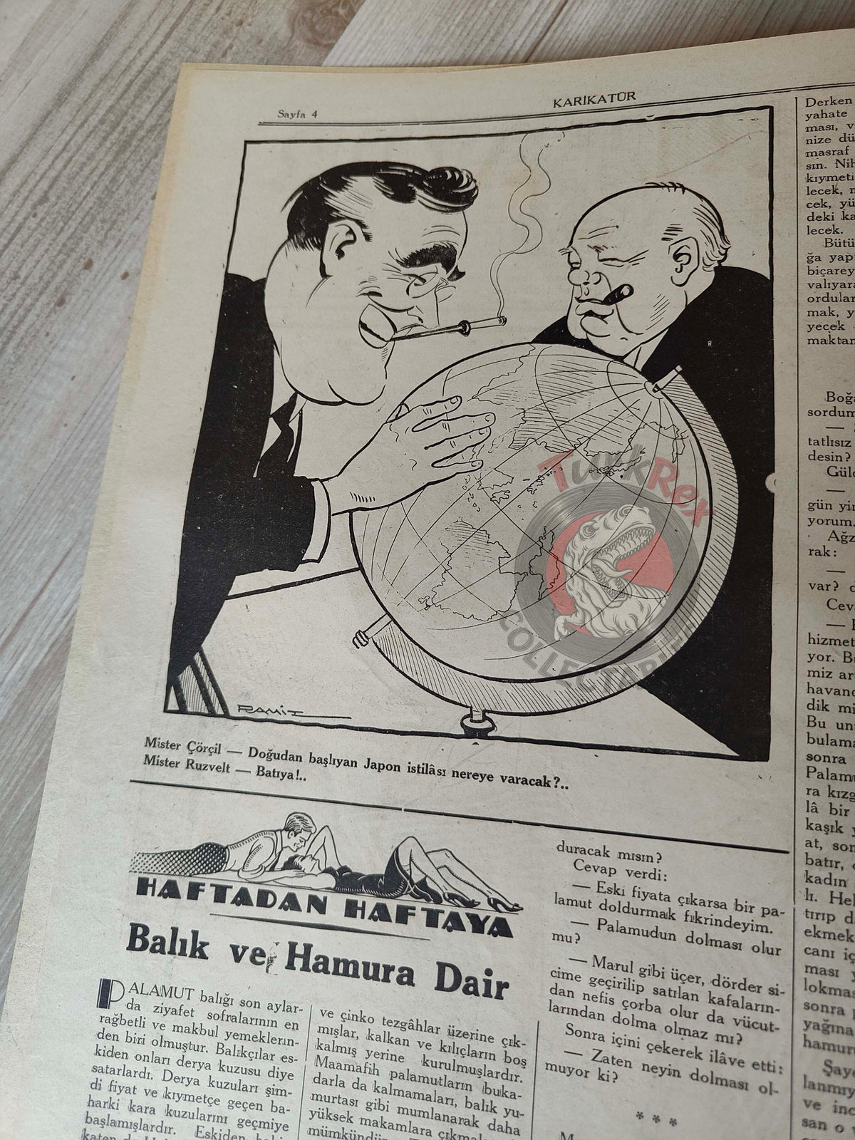 Karikatür 1942 Humor Magazine Turkish Turkey America Atom Bomb WW2 era Churchill Roosevelt Pin-up