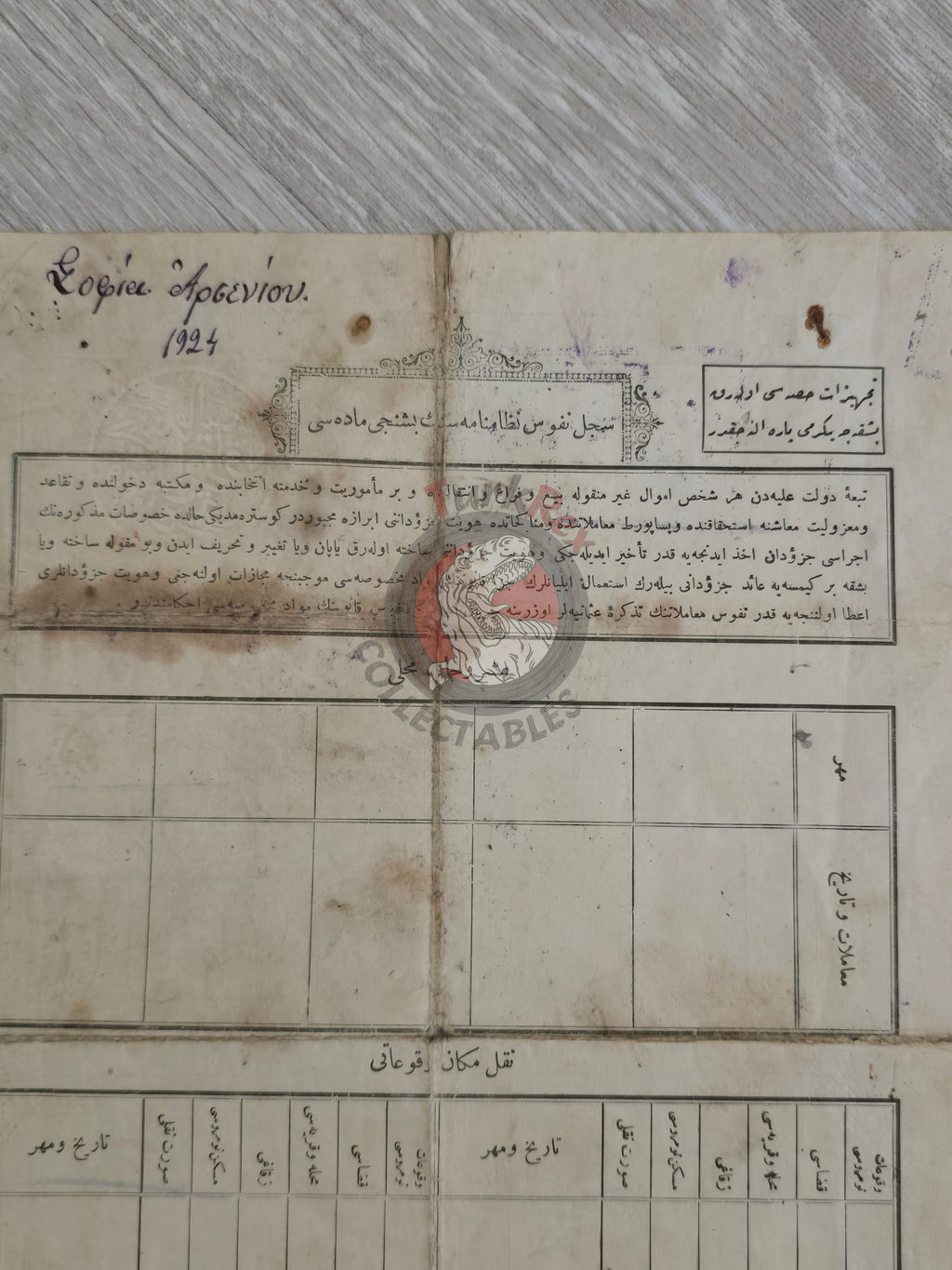 Ottoman Identity Document 1921 Niğde Greek Rum Citizen Greece with photo