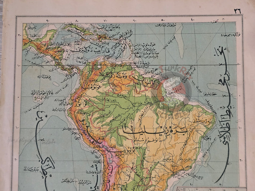 South America & Australia 1928 Ottoman Atlas Map Faik Sabri Physical and Political