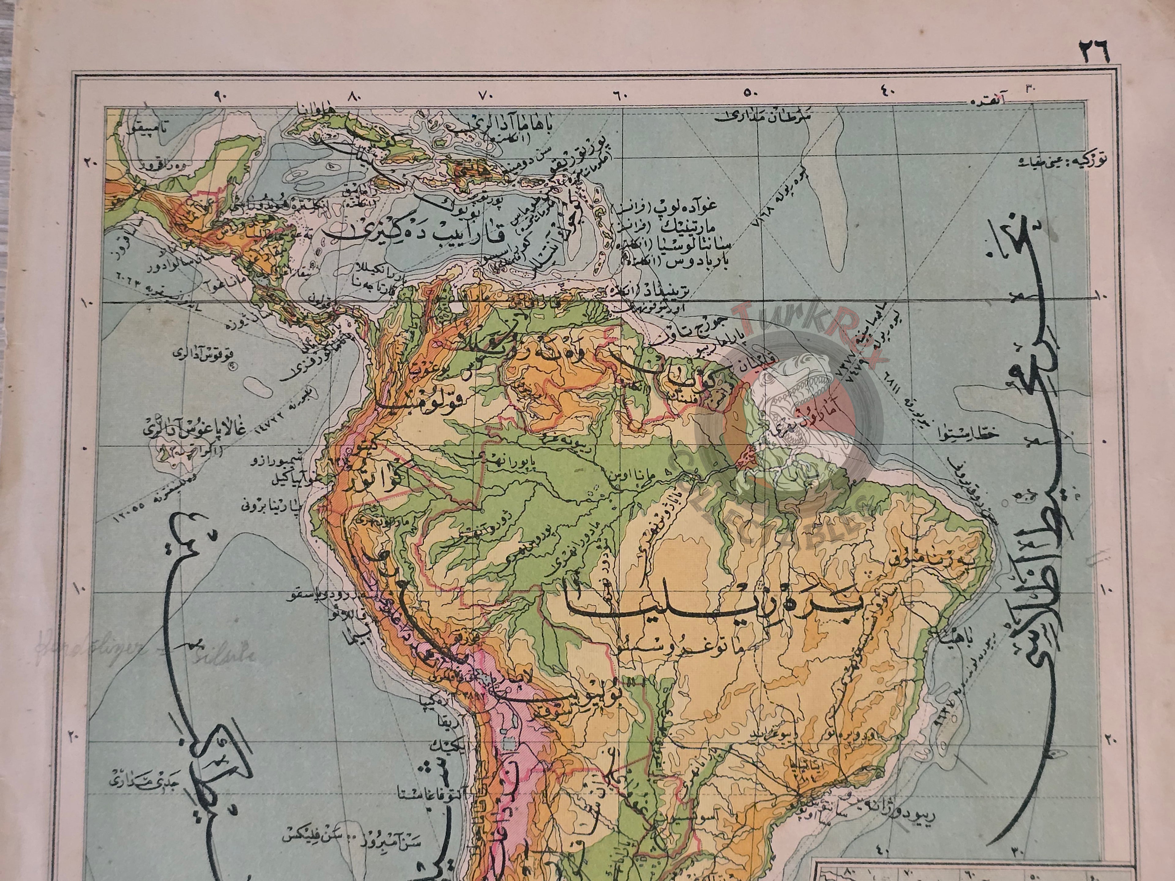 South America & Australia 1928 Ottoman Atlas Map Faik Sabri Physical and Political