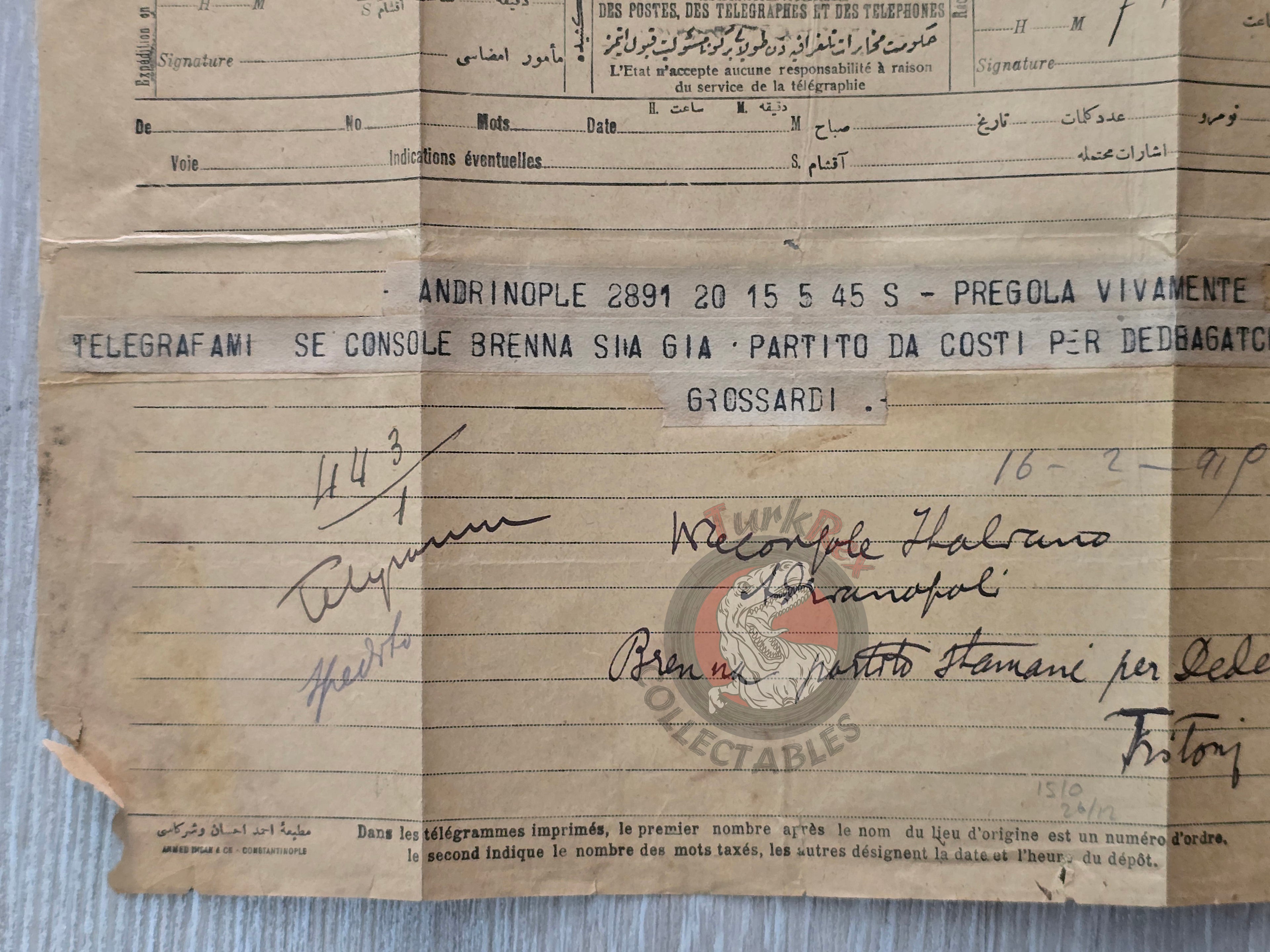 Ottoman Era Italian Diplomatic Telegram Consul Brenna Italian Consulate Italy Istanbul