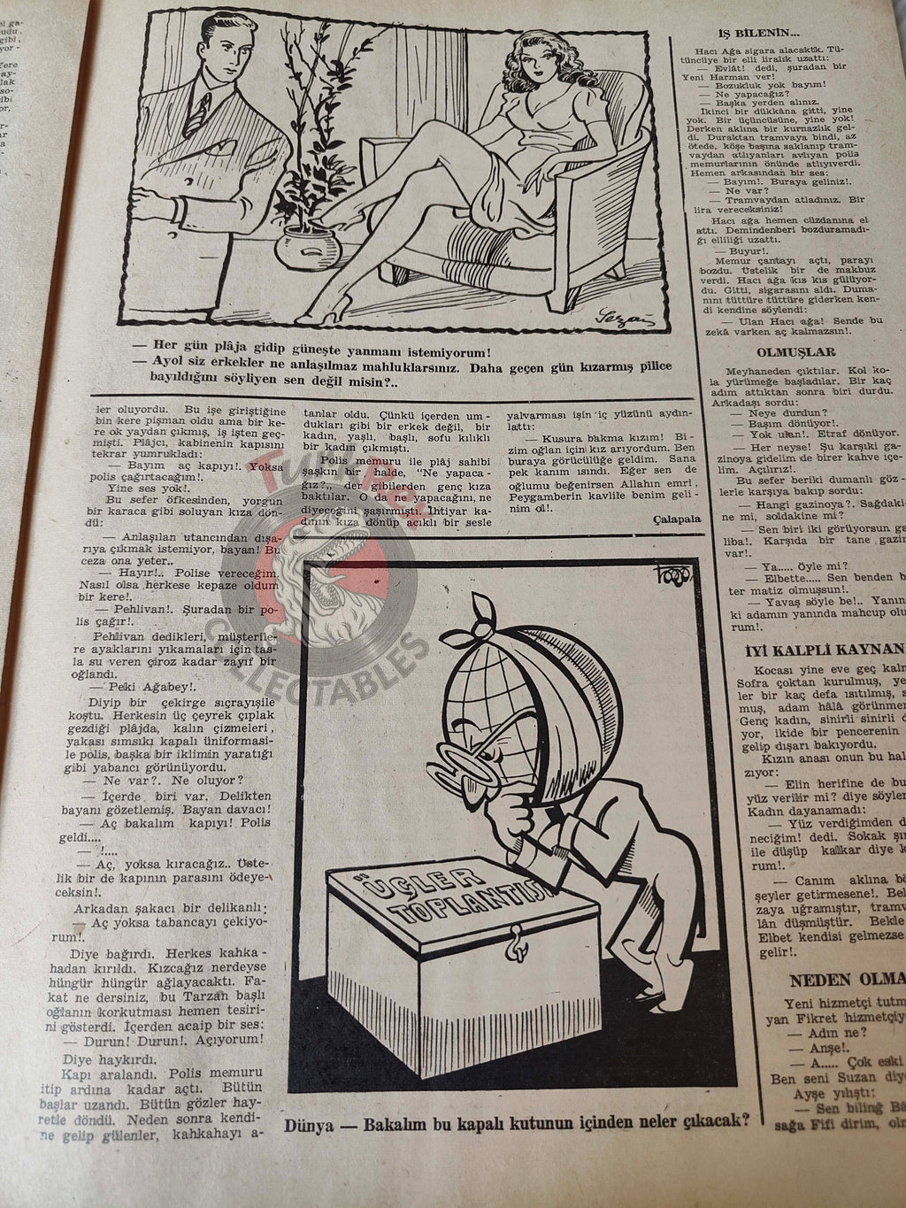 Karikatür 1945 Humor Magazine Turkish Turkey Today’s Peace WW2 era Japan Uncle Sam
