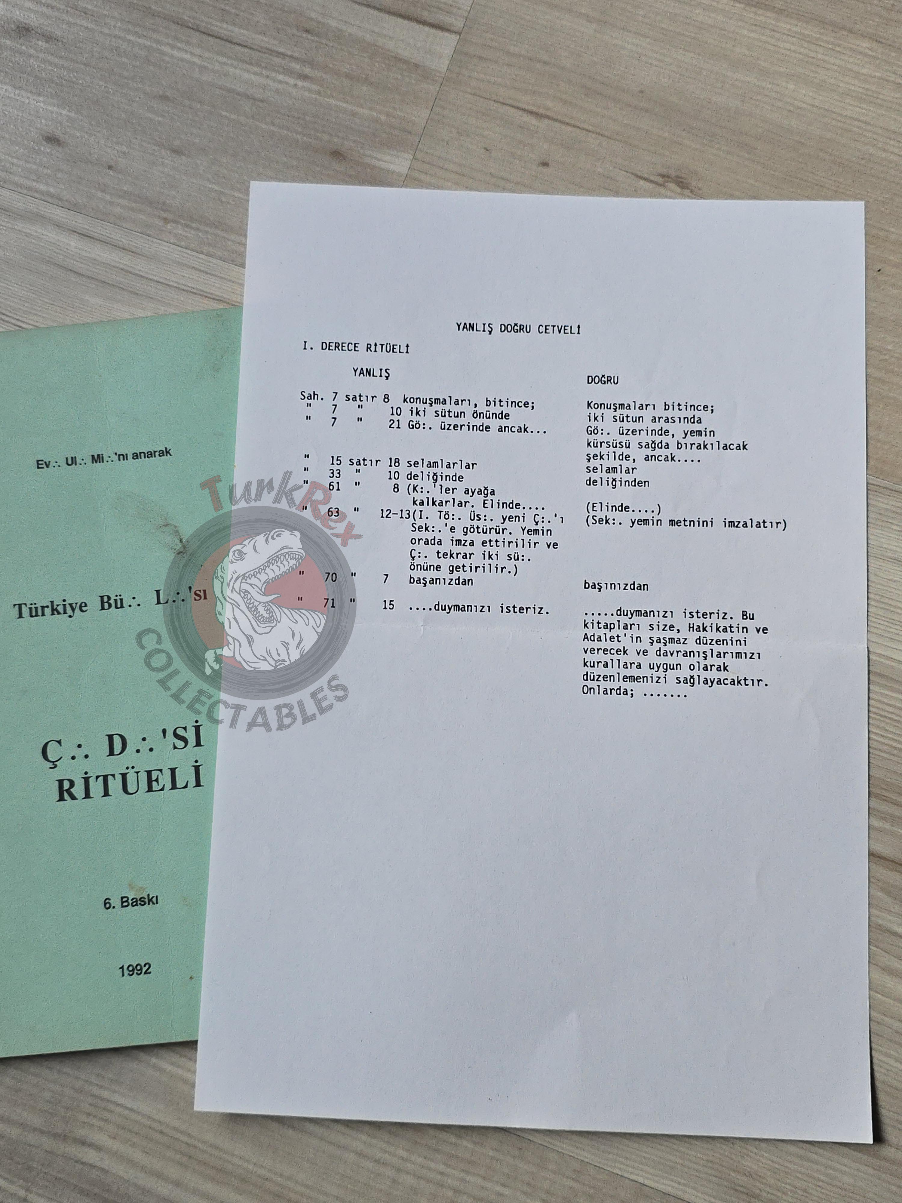 Turkish Freemasonry 1st Degree Ritual Apprentice 1992 Booklet Masonic Masons of Turkey Error