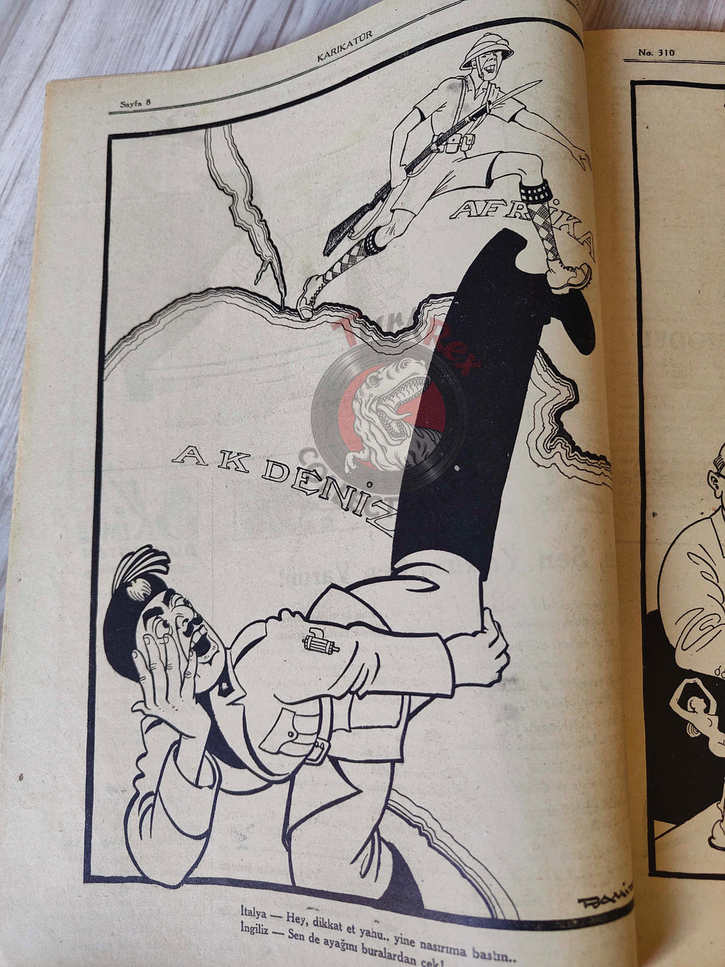 Karikatür 1941 Humor Magazine Turkish Turkey Moscow on Ice German Soldier WW2 era Russia Mussolini USA