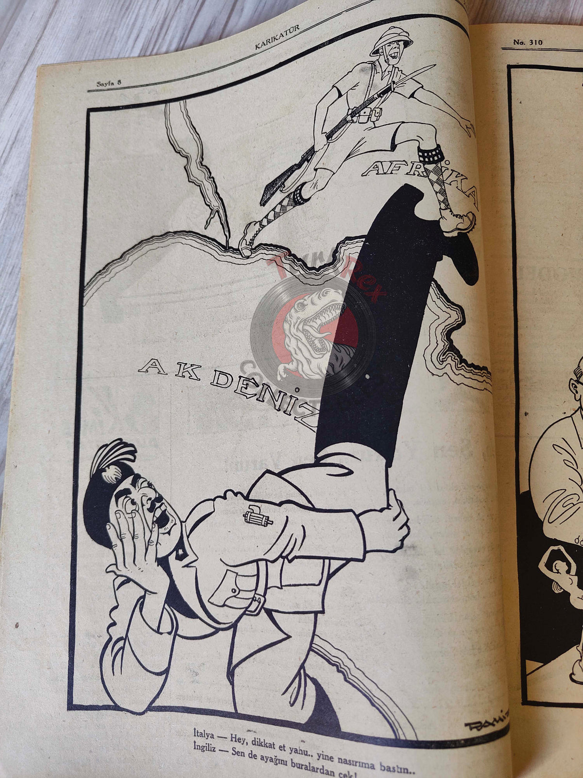 Karikatür 1941 Humor Magazine Turkish Turkey Moscow on Ice German Soldier WW2 era Russia Mussolini USA