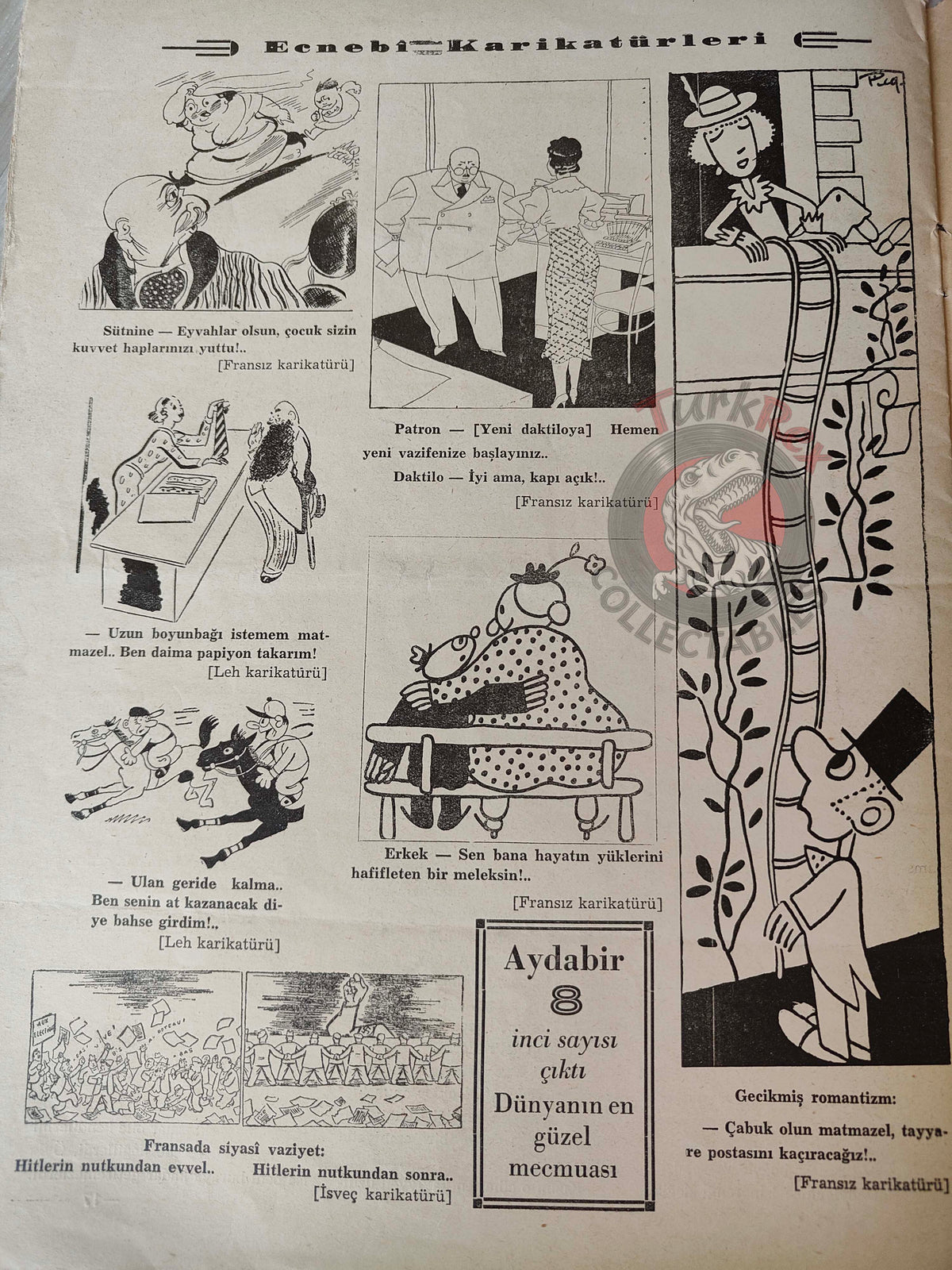 Akbaba 1936 Humor Magazine Turkish Turkey France War WW2 era Versailles Telefunken Ethiopia