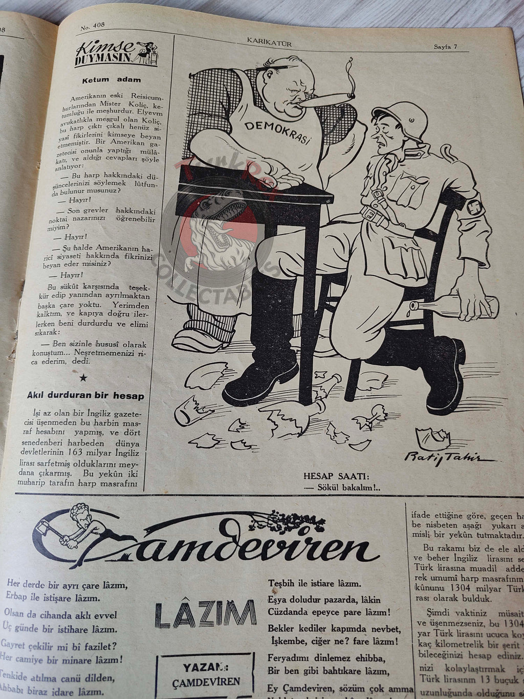 Karikatür 1943 Humor Magazine Turkish Turkey Japan Pacific United States WW2 era Italy Germany Uncle Sam