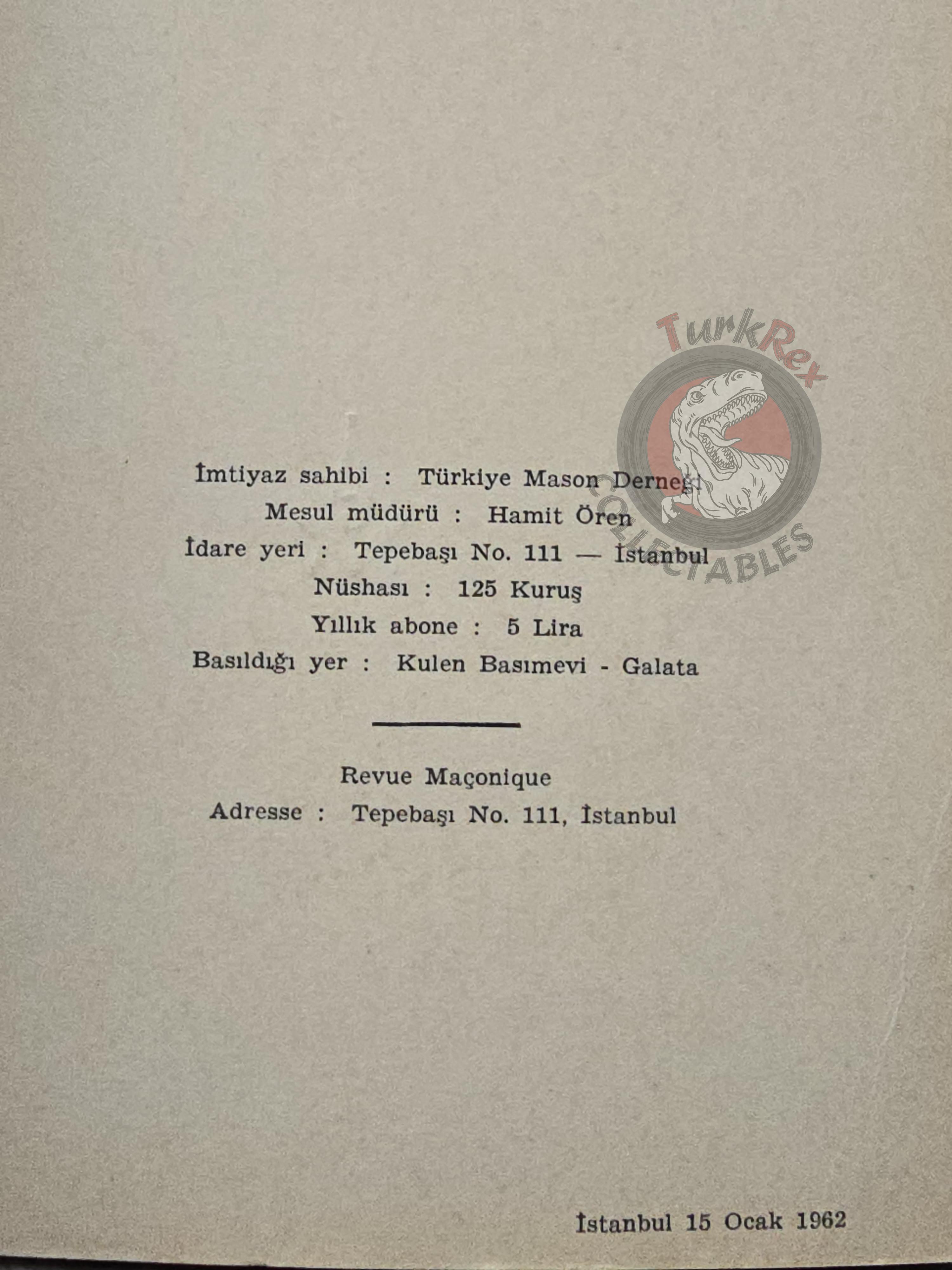 Turkish Freemasonry Masonic Journal 1962 Magazine Masonic Masons of Turkey