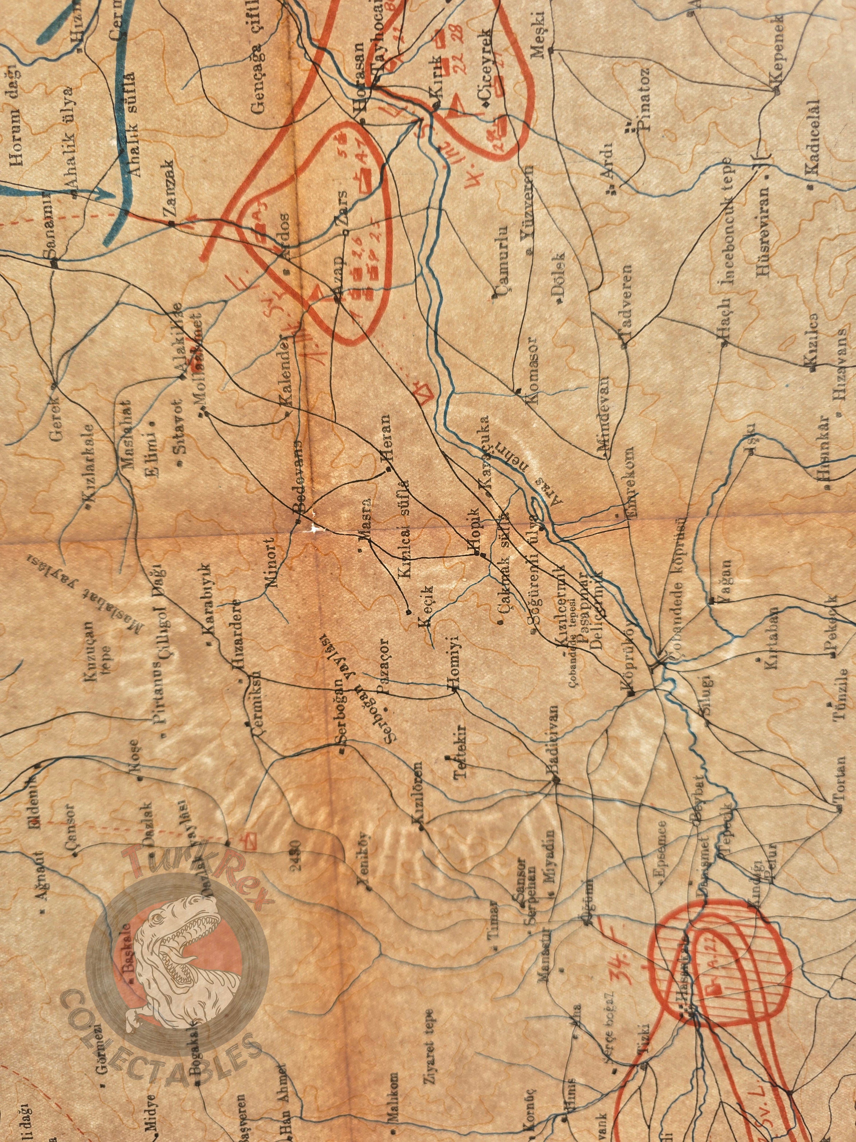 Caucasus Front in WWI November 1914 Ottoman Empire Military Map Russia Turkish 1932 Watermark