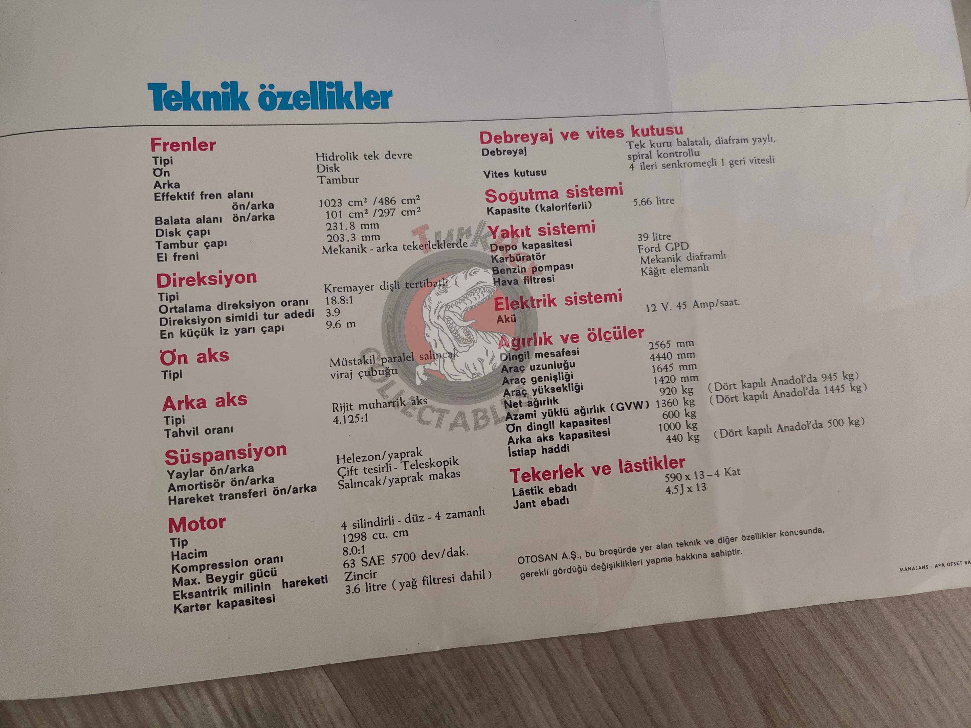 Yeni Anadol Sales Brochure A2 SL 70s Turkish Car Turkey Koç Catalogue Ford